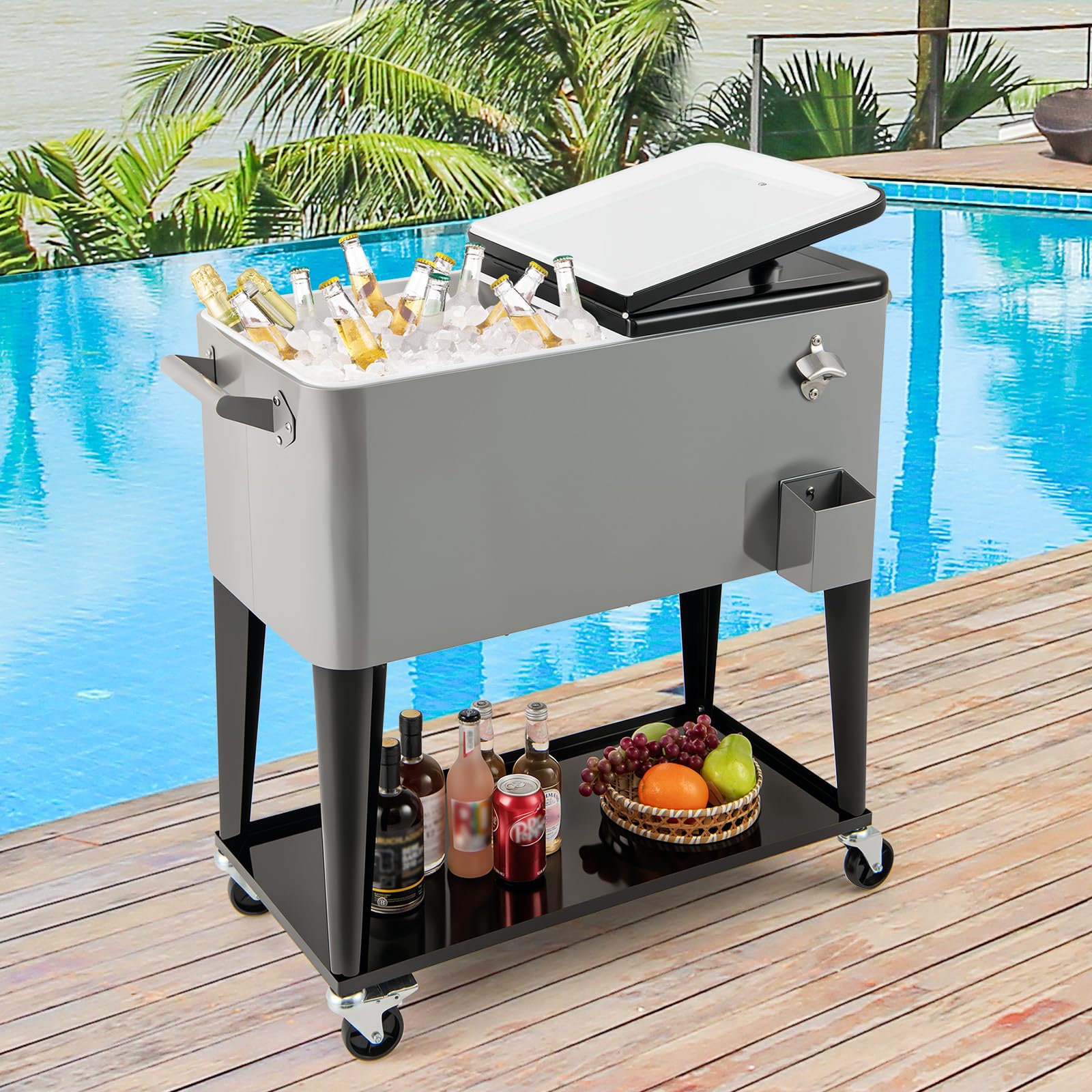 Goplus 80-Quart Rolling Ice Chest Outdoor Cooler Cart with Wheels and Stoage Shelf - Image 8