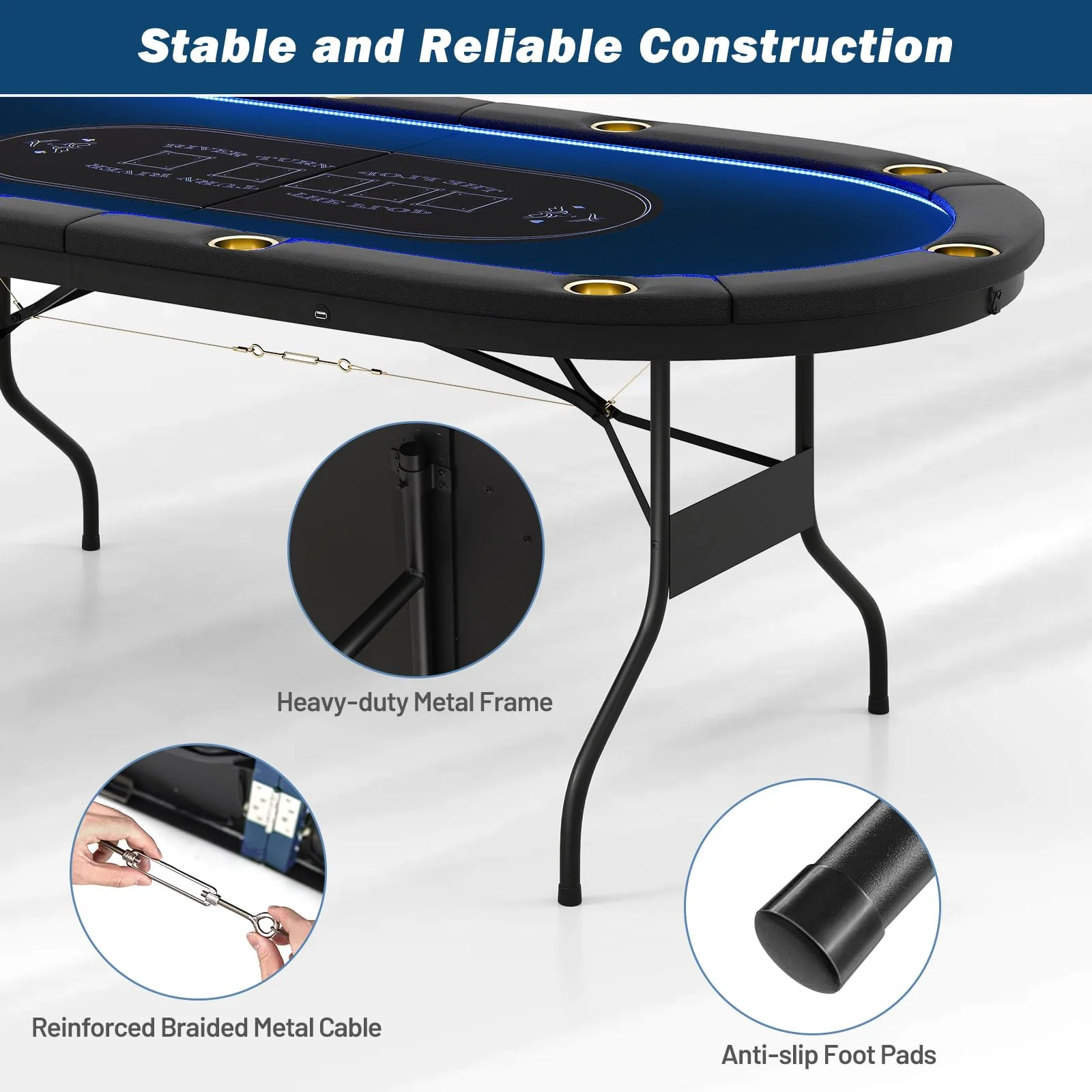 Goplus 84" Foldable Poker Table with LED Lights for Texas Hold'em Blackjack - Image 6