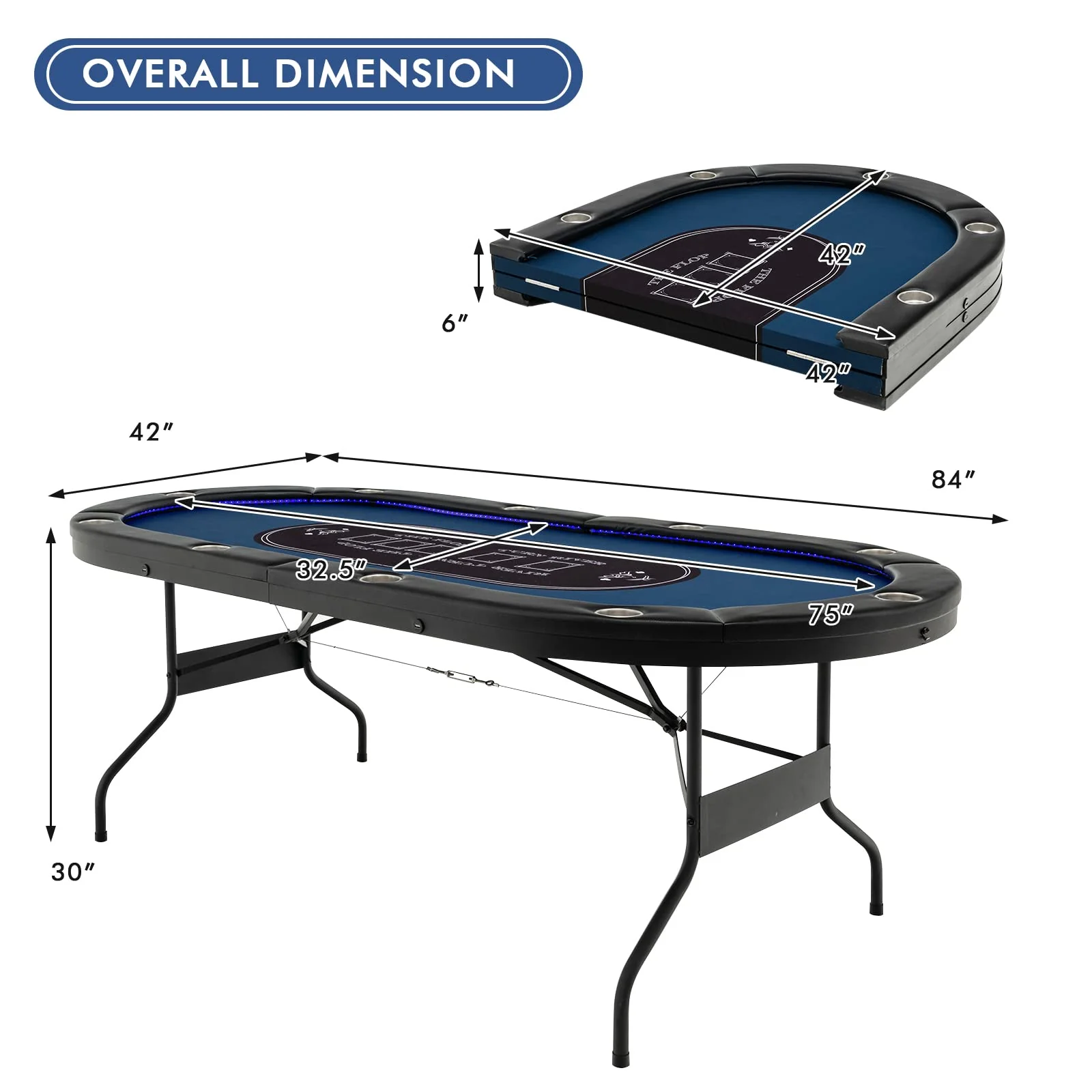 Goplus 84" Foldable Poker Table with LED Lights for Texas Hold'em Blackjack - Image 8