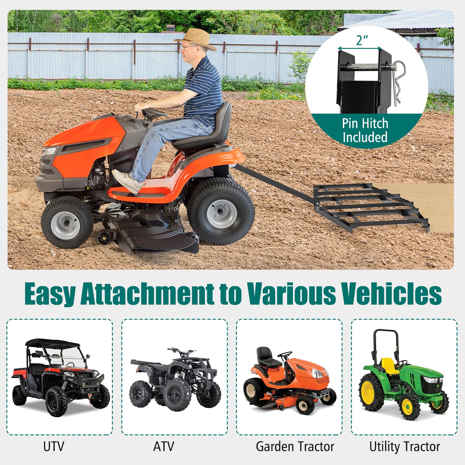 Goplus 84" Wide Driveway Drag Tow Behind Landscape Leveling Rake w/Reinforced Bars - Image 2