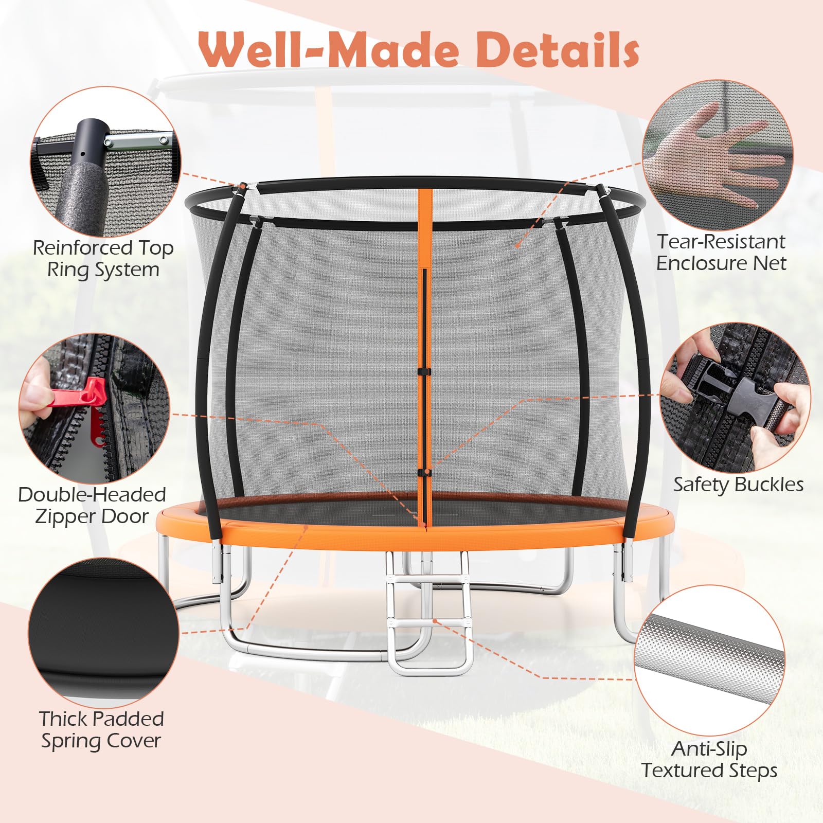 Goplus 8FT 10FT 12FT ASTM Approved Heavy-Duty Recreational Kids Trampoline w/Safety Enclosure Net - Image 9