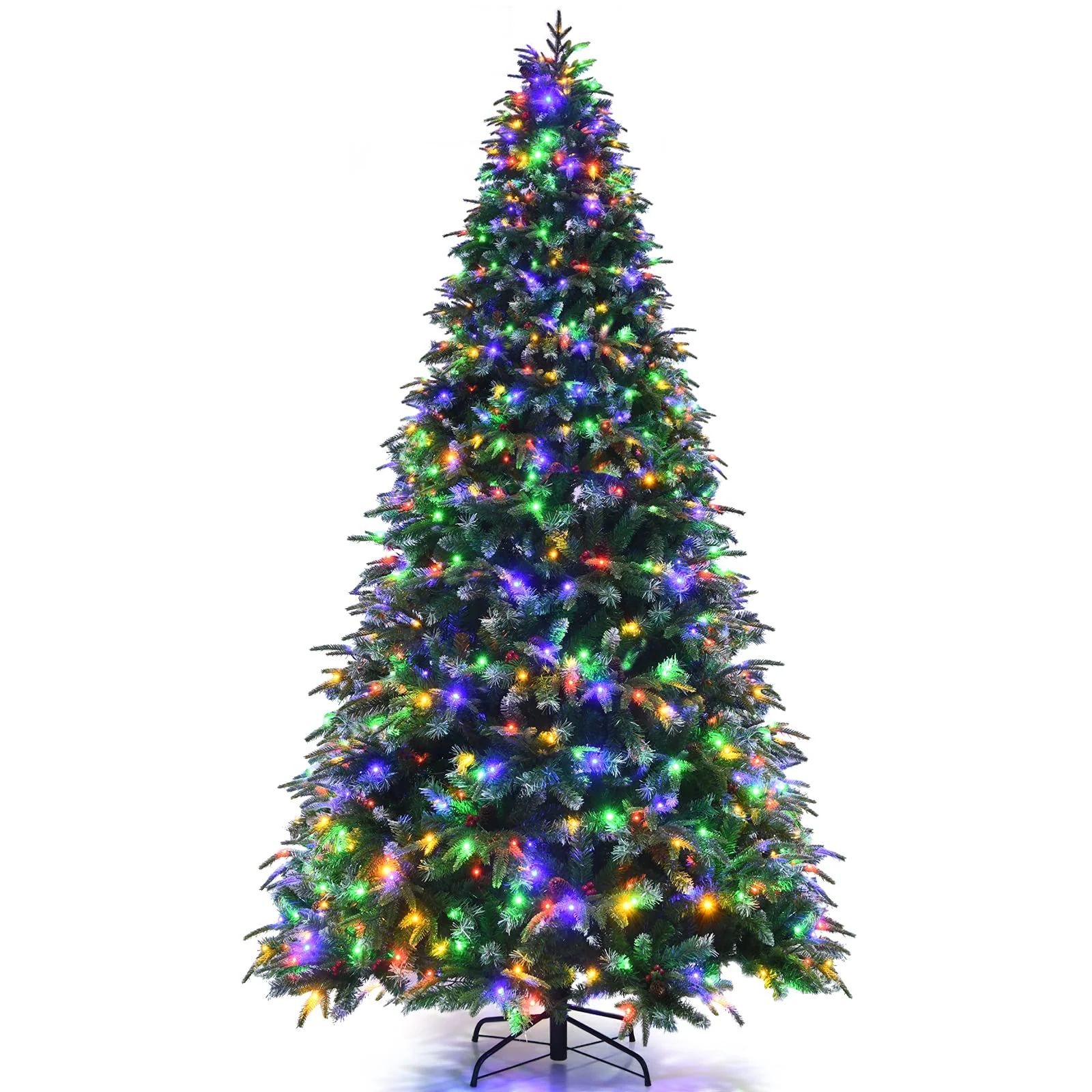 Goplus 8FT Pre-Lit Artificial Christmas Tree, Hinged Realistic Snowy Xmas Pine Tree W/ 780 Color Changing LED Lights, 11 Flash Modes