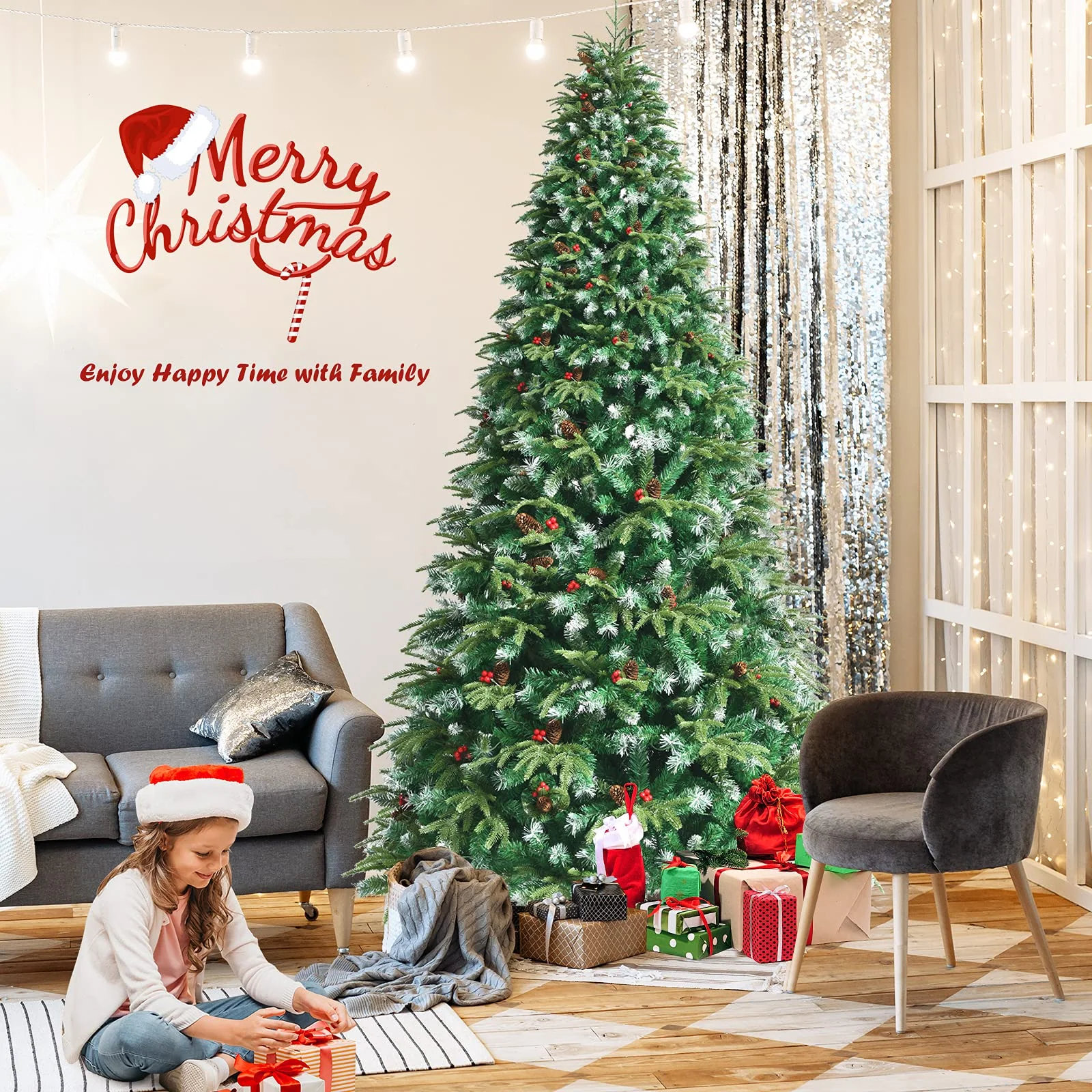 Goplus 8FT Pre-Lit Artificial Christmas Tree, Hinged Realistic Snowy Xmas Pine Tree W/ 780 Color Changing LED Lights, 11 Flash Modes - Image 2