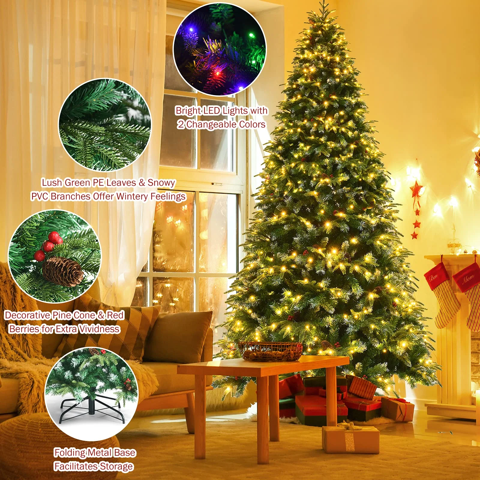 Goplus 8FT Pre-Lit Artificial Christmas Tree, Hinged Realistic Snowy Xmas Pine Tree W/ 780 Color Changing LED Lights, 11 Flash Modes - Image 3