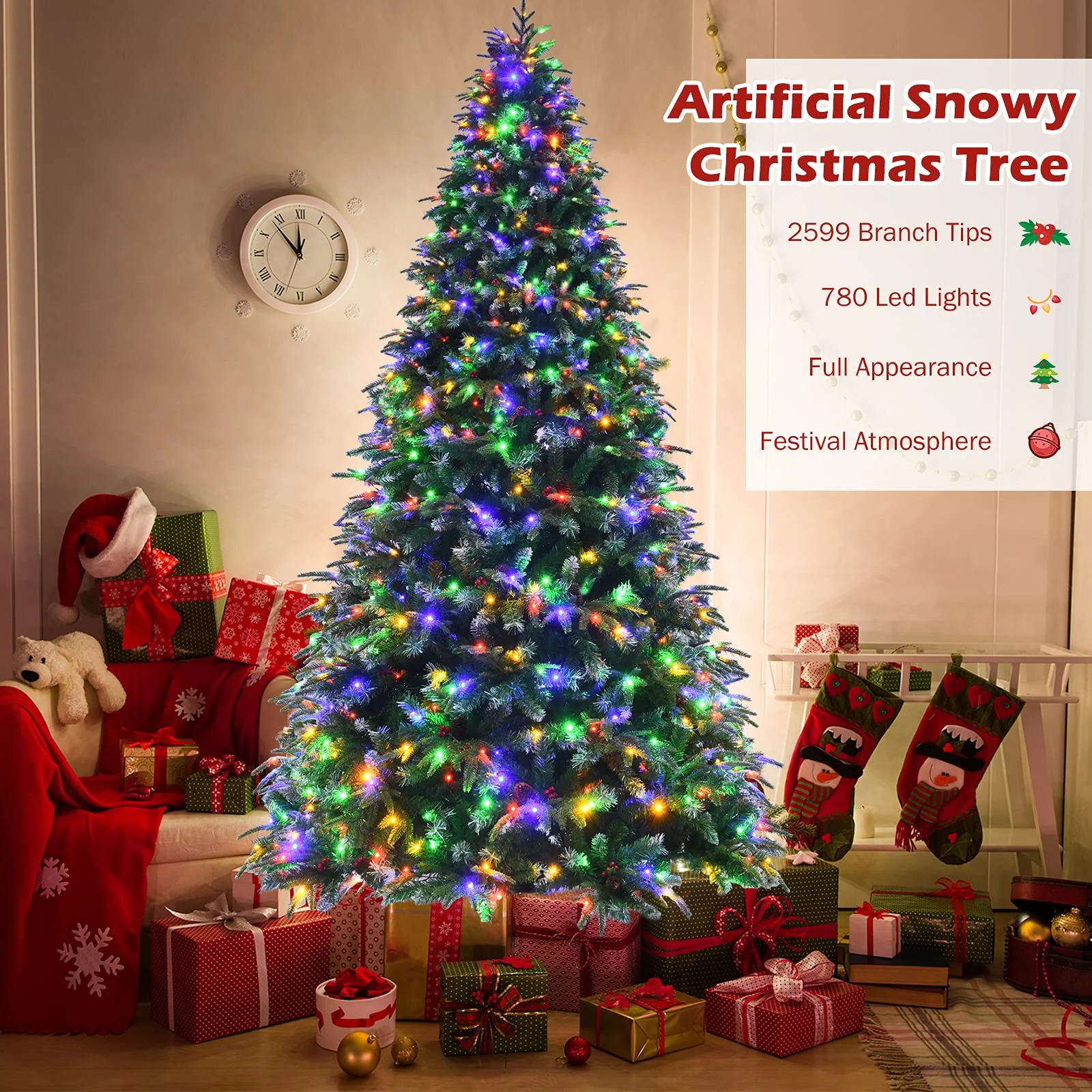 Goplus 8FT Pre-Lit Artificial Christmas Tree, Hinged Realistic Snowy Xmas Pine Tree W/ 780 Color Changing LED Lights, 11 Flash Modes - Image 5