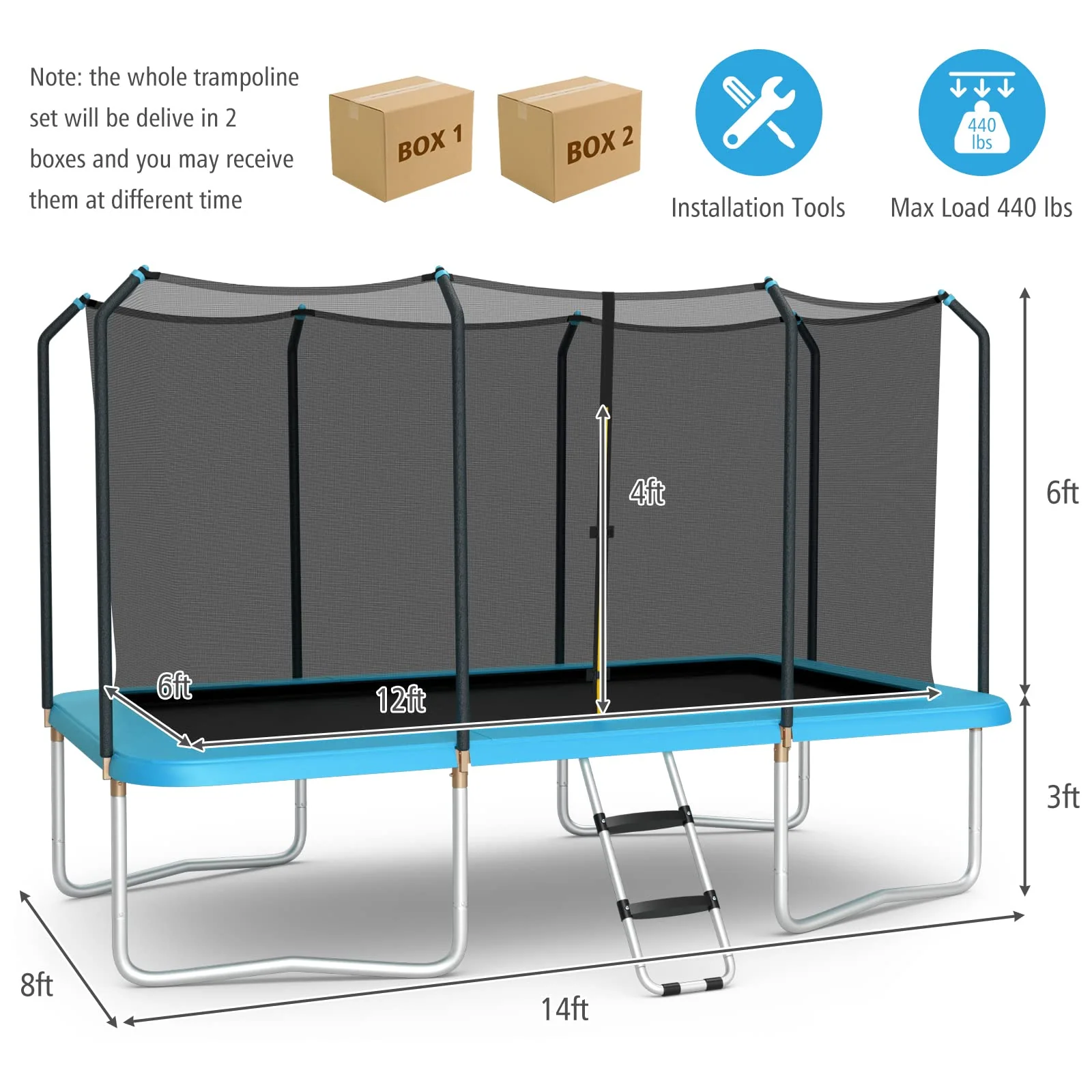 Goplus 8FT x 14FT Rectangular Trampoline, 440LBS Bearing Recreational Trampolines w/ Enclosure Net & Non-Slip Ladder - Image 7