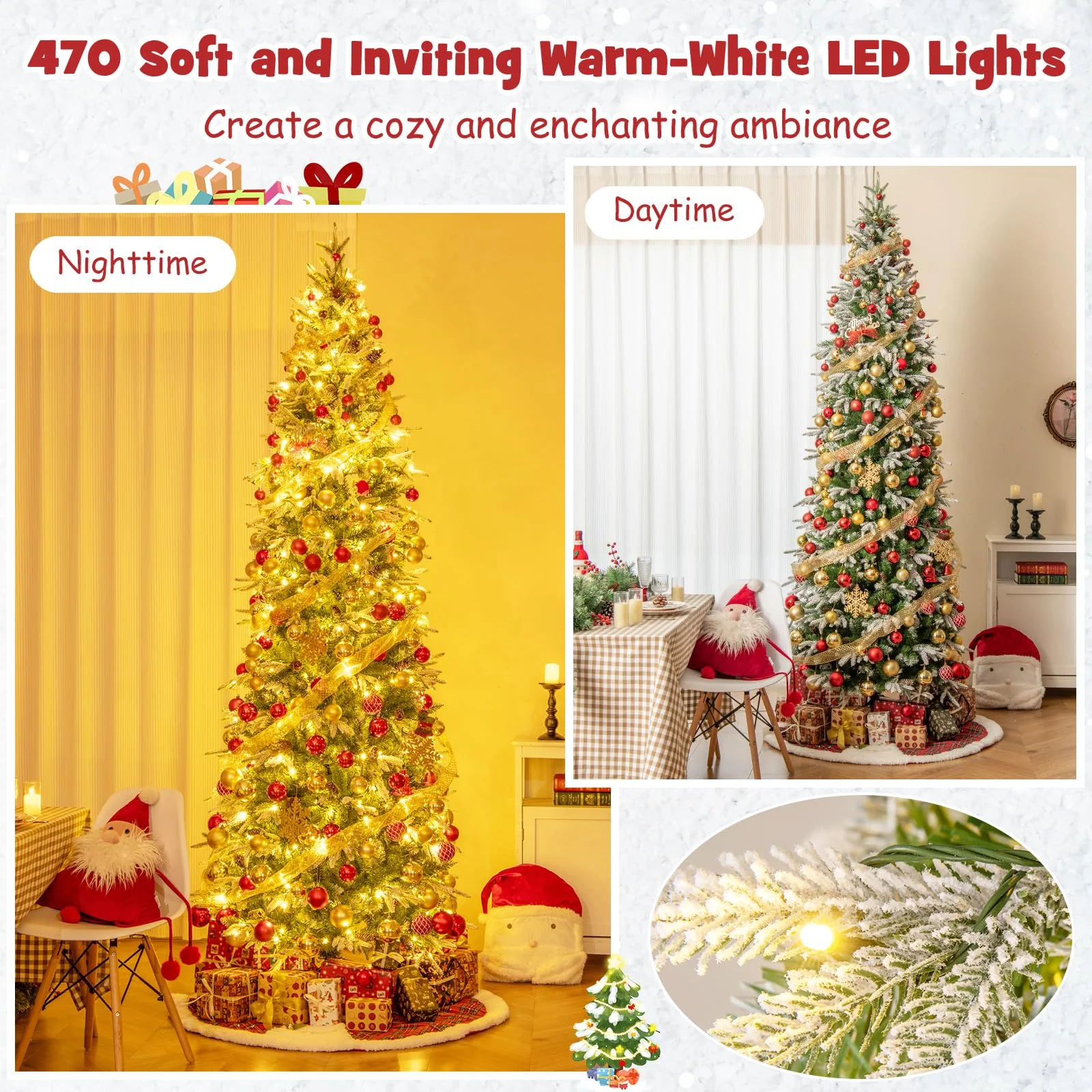 Goplus 9 FT Pre-Lit Pencil Christmas Tree, Artificial Snow Flocked Hinged Fake Slim Xmas Tree with 470 Warm-White LED Lights - Image 2