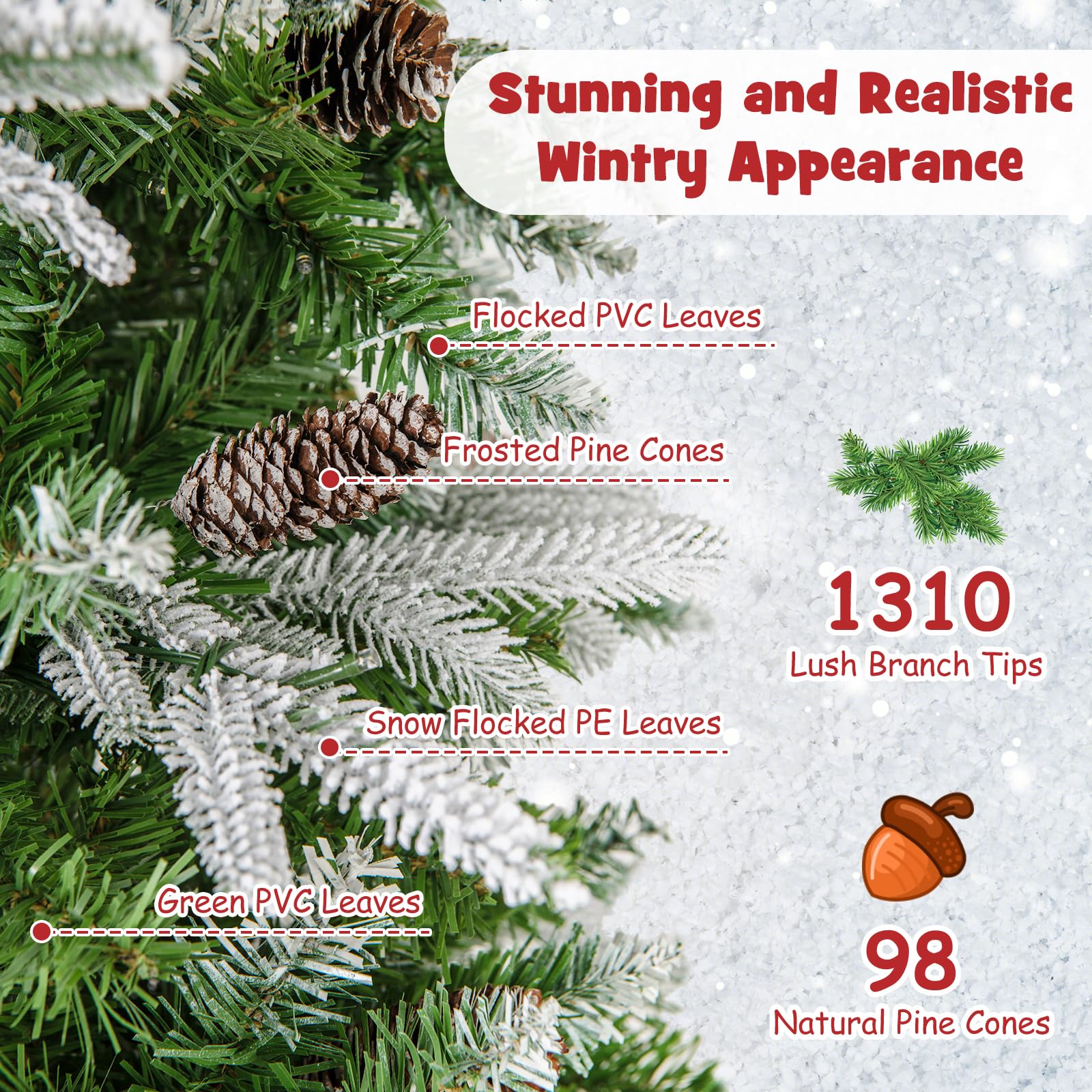 Goplus 9 FT Pre-Lit Pencil Christmas Tree, Artificial Snow Flocked Hinged Fake Slim Xmas Tree with 470 Warm-White LED Lights - Image 3