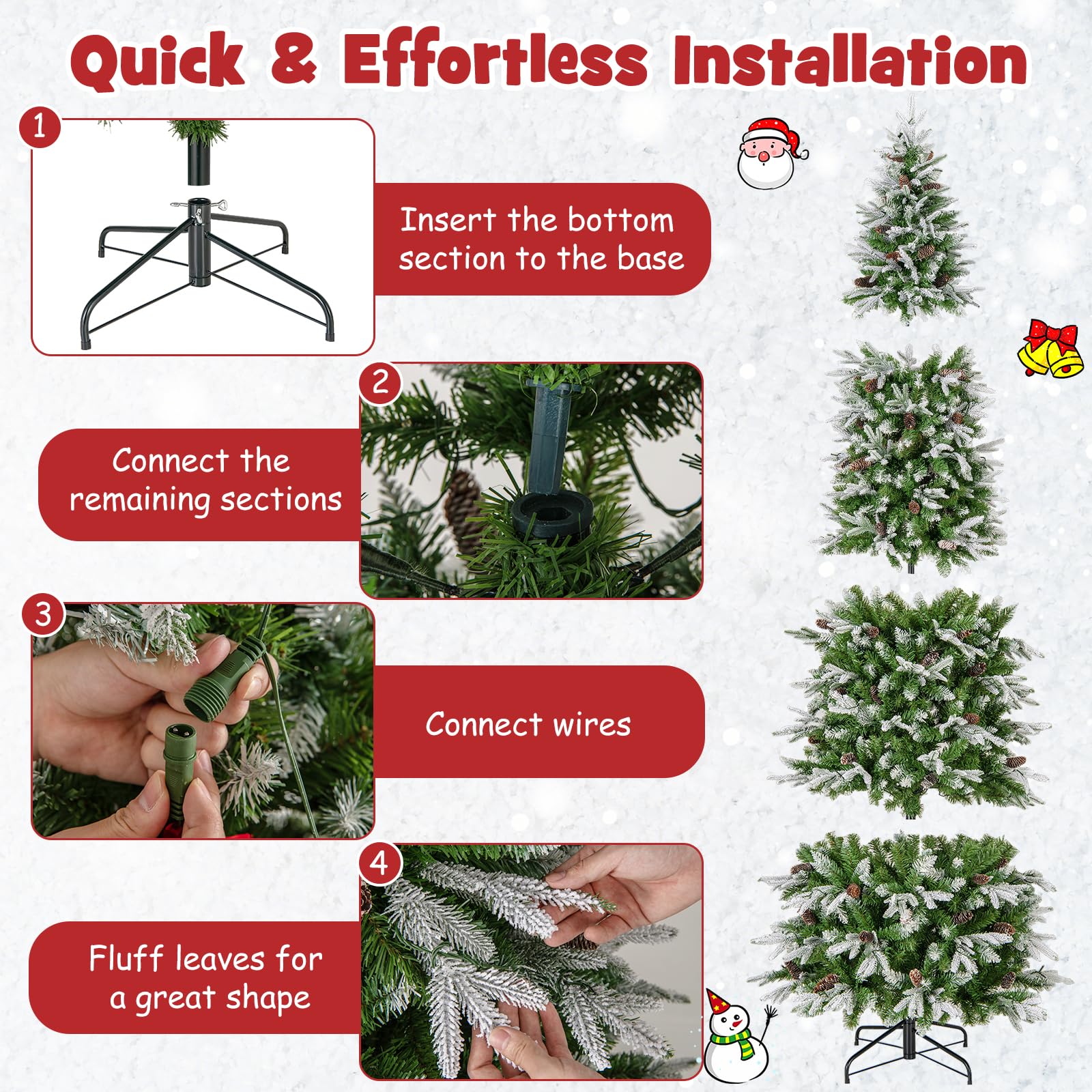 Goplus 9 FT Pre-Lit Pencil Christmas Tree, Artificial Snow Flocked Hinged Fake Slim Xmas Tree with 470 Warm-White LED Lights - Image 5