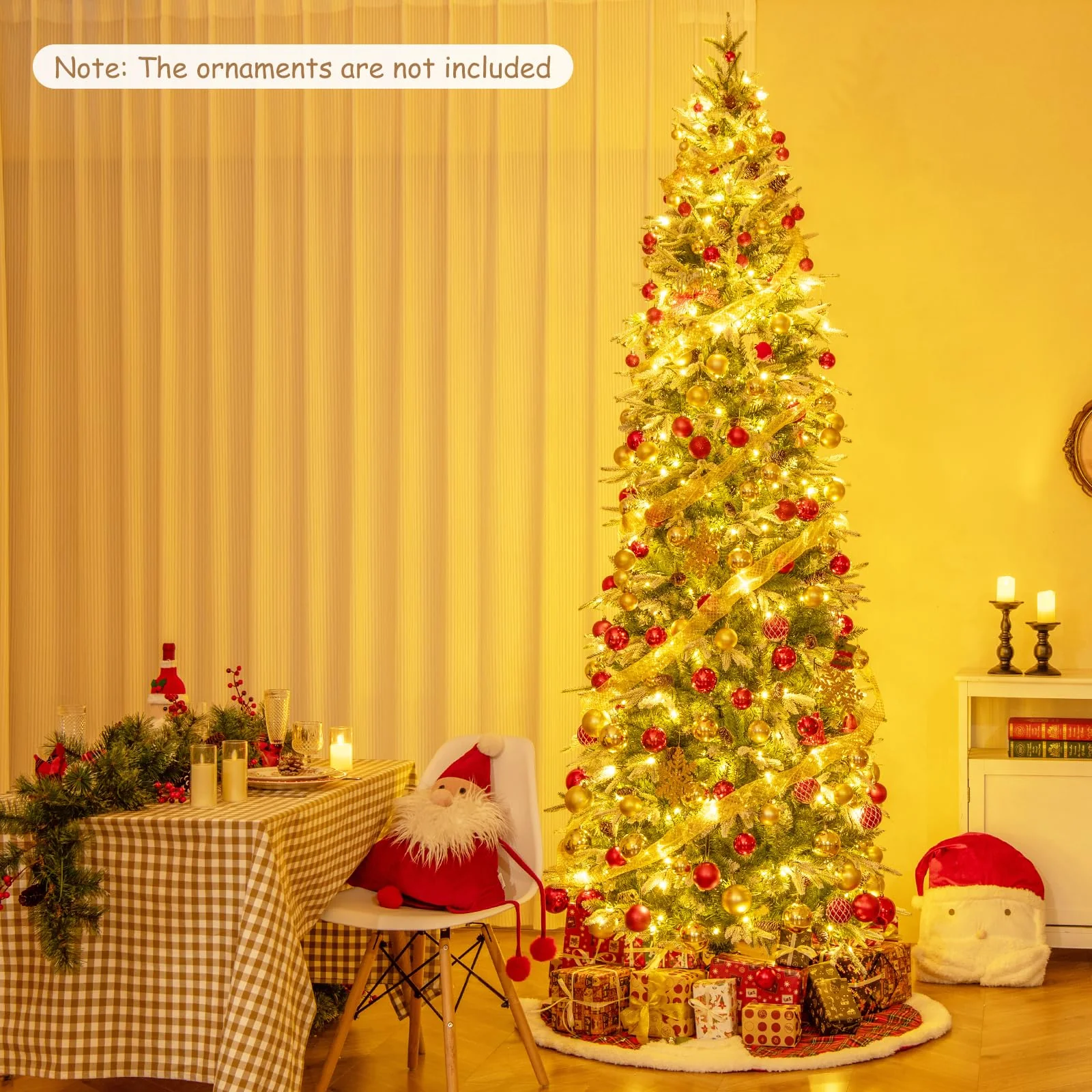 Goplus 9 FT Pre-Lit Pencil Christmas Tree, Artificial Snow Flocked Hinged Fake Slim Xmas Tree with 470 Warm-White LED Lights - Image 6