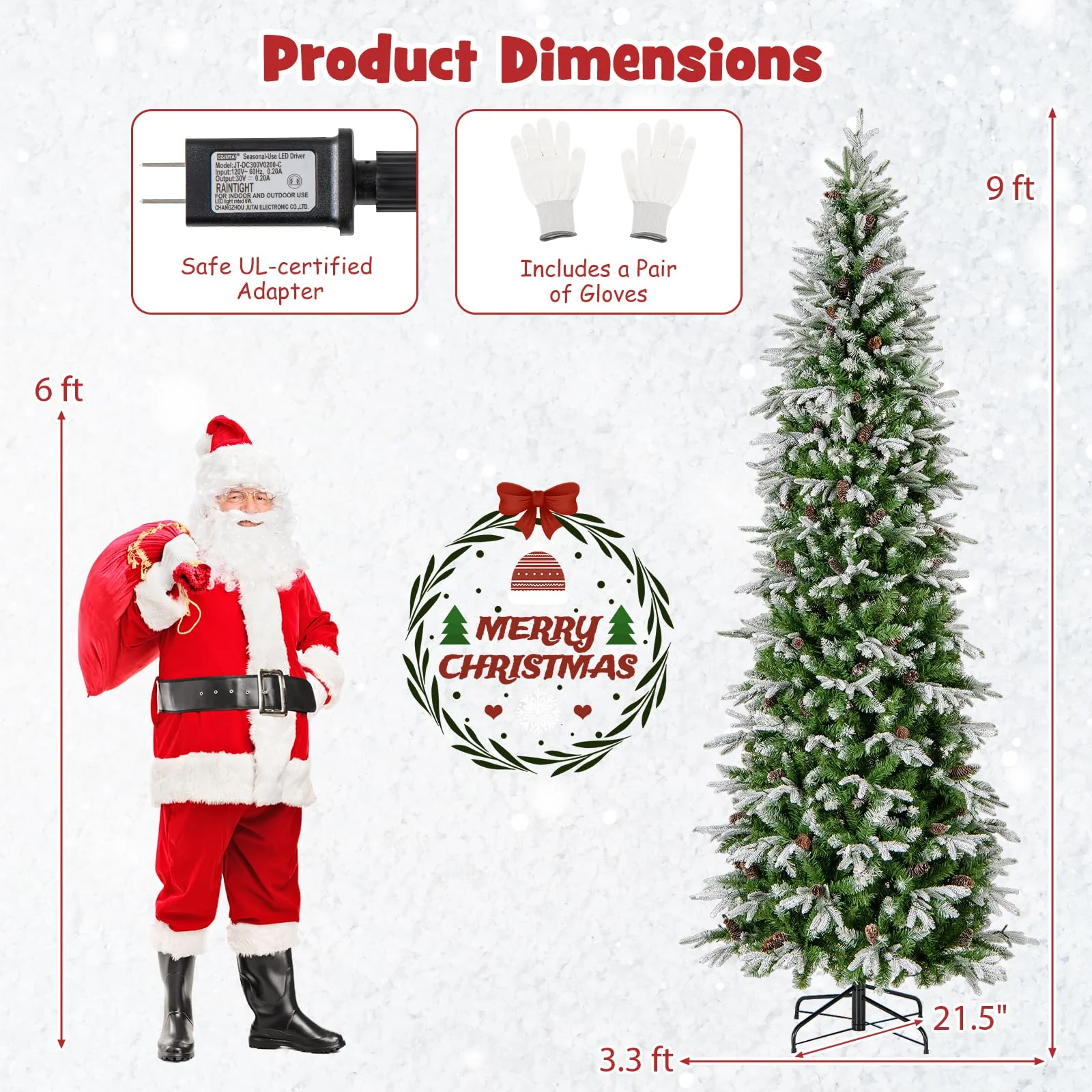 Goplus 9 FT Pre-Lit Pencil Christmas Tree, Artificial Snow Flocked Hinged Fake Slim Xmas Tree with 470 Warm-White LED Lights - Image 7