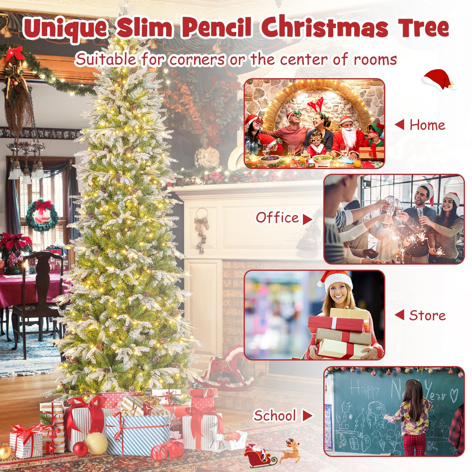 Goplus 9 FT Pre-Lit Pencil Christmas Tree, Artificial Snow Flocked Hinged Fake Slim Xmas Tree with 470 Warm-White LED Lights - Image 8