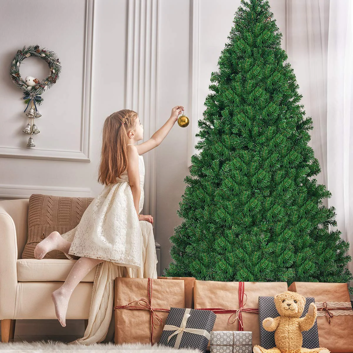 Goplus 9ft Artificial Pre-lit Christmas Tree Premium Spruce Hinged Tree with 700 LED Lights and Solid Metal Stand - Image 2
