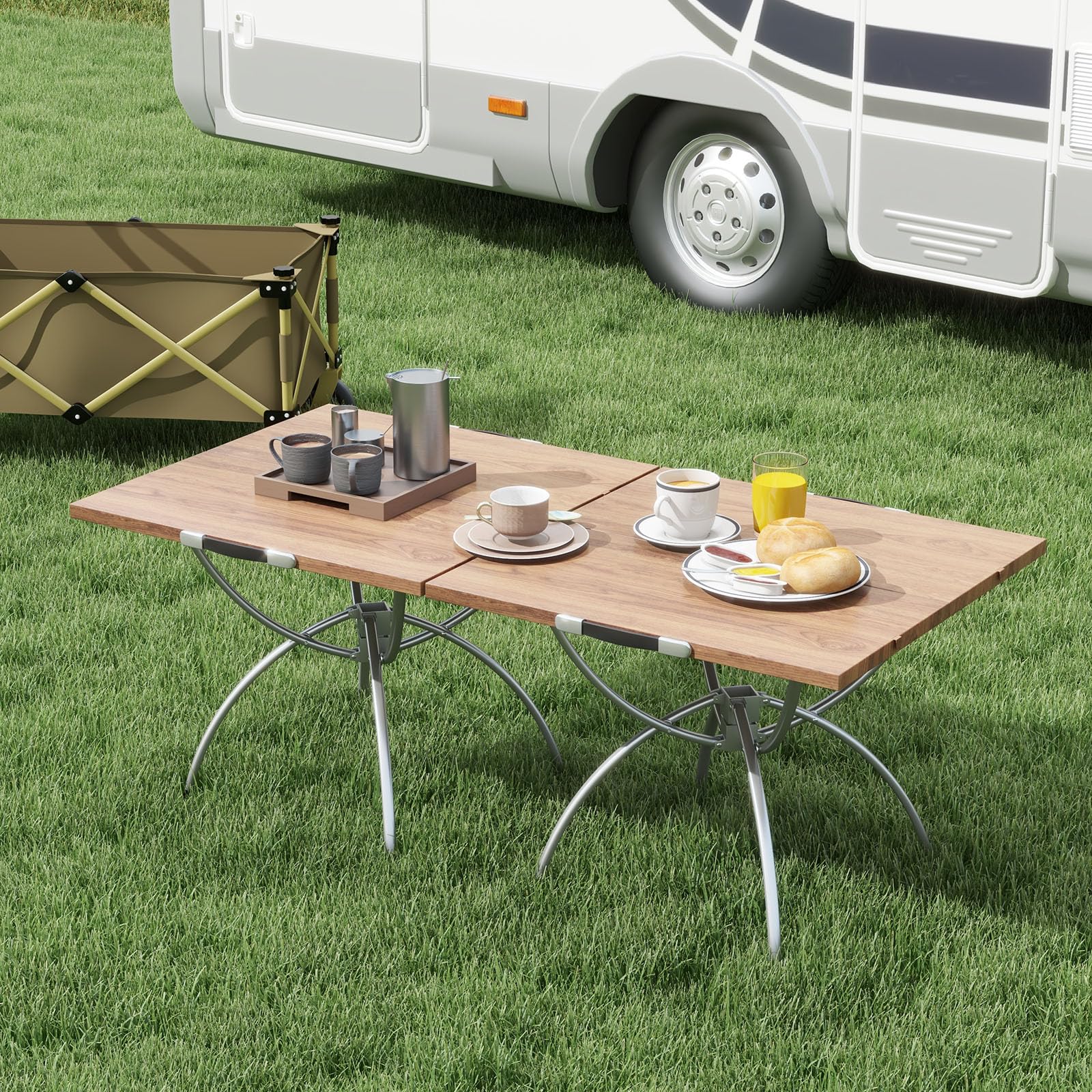 Goplus Aluminum Camping Table, 2 PCS Folding Picnic Tables w/Extendable Design, Wood-Grain Tabletop - Image 2