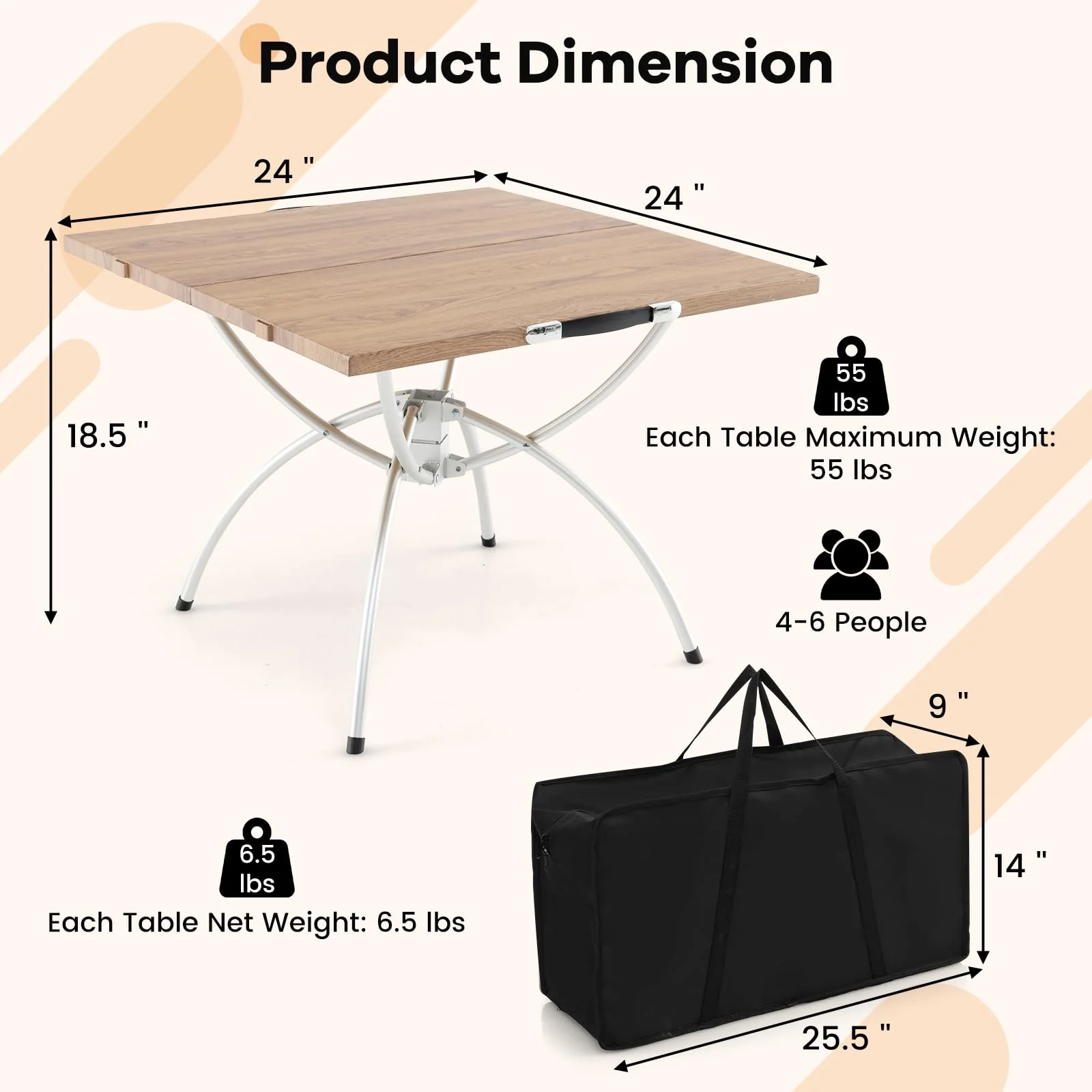 Goplus Aluminum Camping Table, 2 PCS Folding Picnic Tables w/Extendable Design, Wood-Grain Tabletop - Image 3