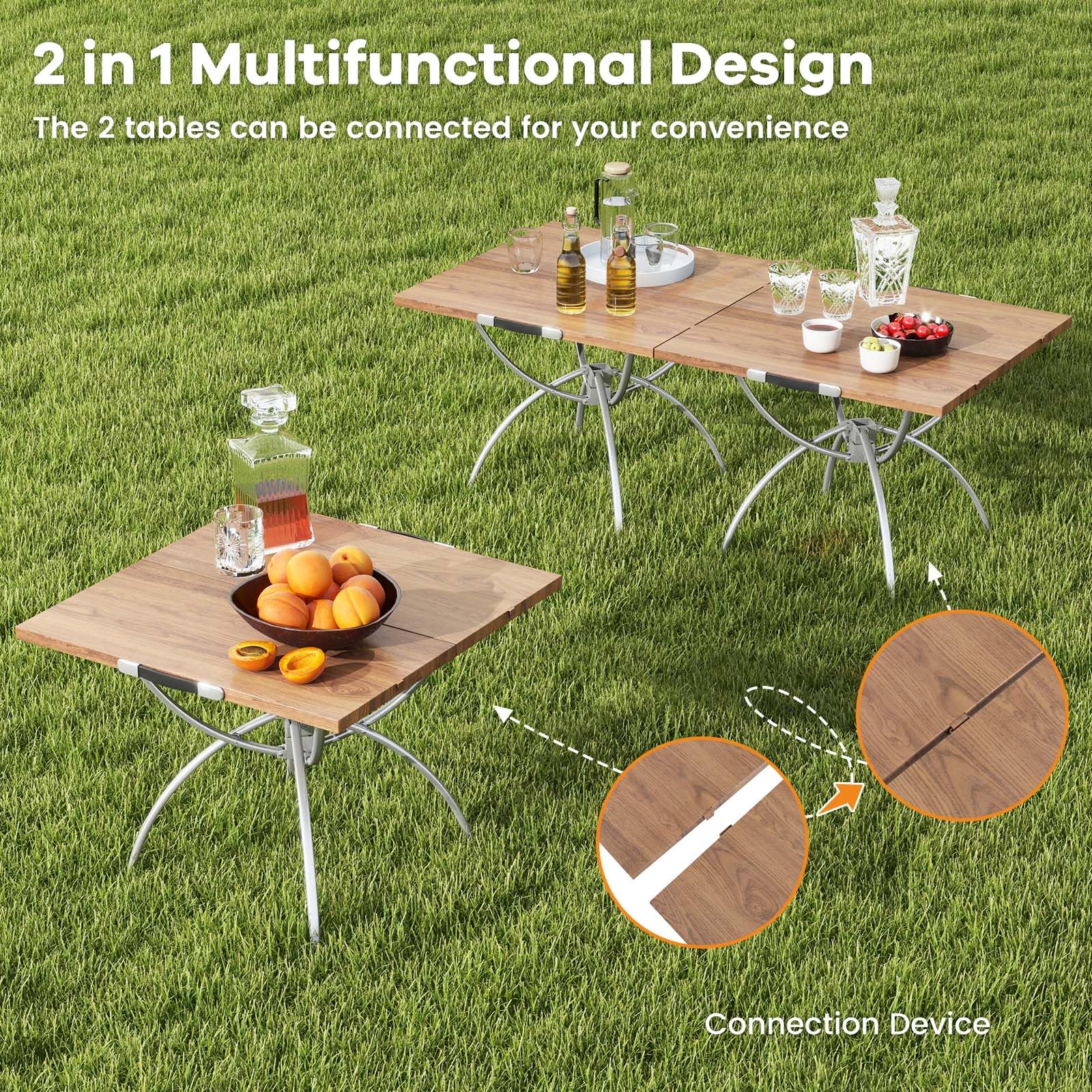 Goplus Aluminum Camping Table, 2 PCS Folding Picnic Tables w/Extendable Design, Wood-Grain Tabletop - Image 4