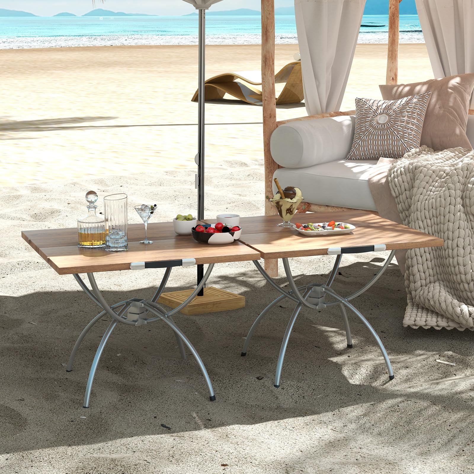 Goplus Aluminum Camping Table, 2 PCS Folding Picnic Tables w/Extendable Design, Wood-Grain Tabletop - Image 9