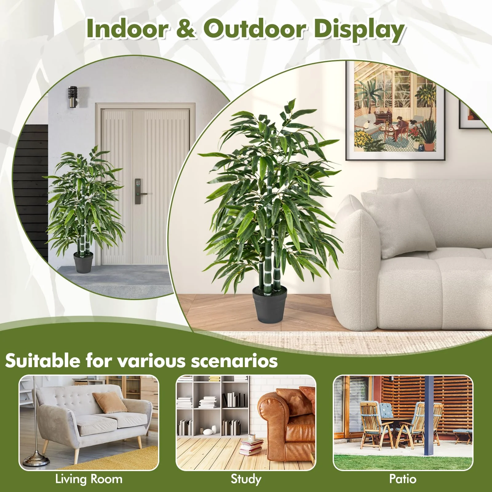 Goplus Artificial Bamboo Tree, 50" Tall Set of 2 Fake Bamboo Plant with 3 PE Bamboo Trunk & Flush Leaves - Image 2