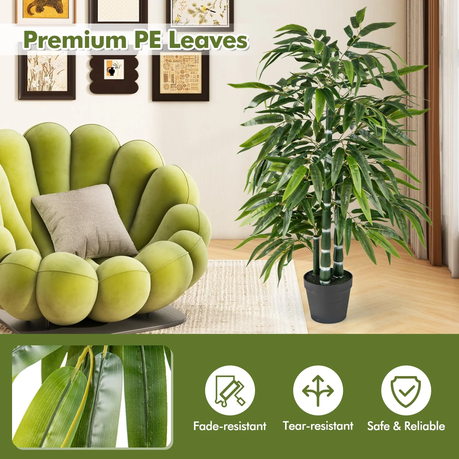 Goplus Artificial Bamboo Tree, 50" Tall Set of 2 Fake Bamboo Plant with 3 PE Bamboo Trunk & Flush Leaves - Image 3