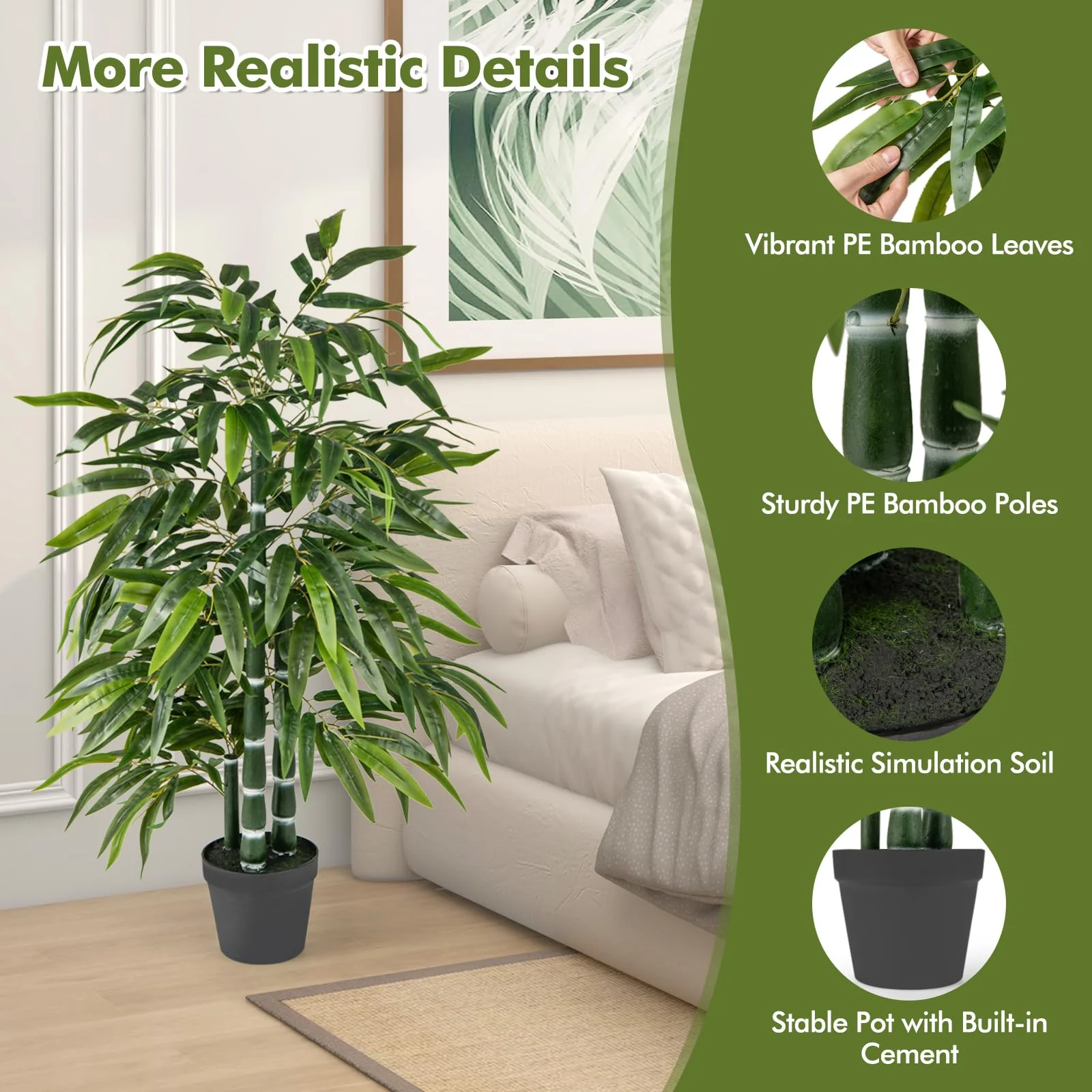 Goplus Artificial Bamboo Tree, 50" Tall Set of 2 Fake Bamboo Plant with 3 PE Bamboo Trunk & Flush Leaves - Image 4