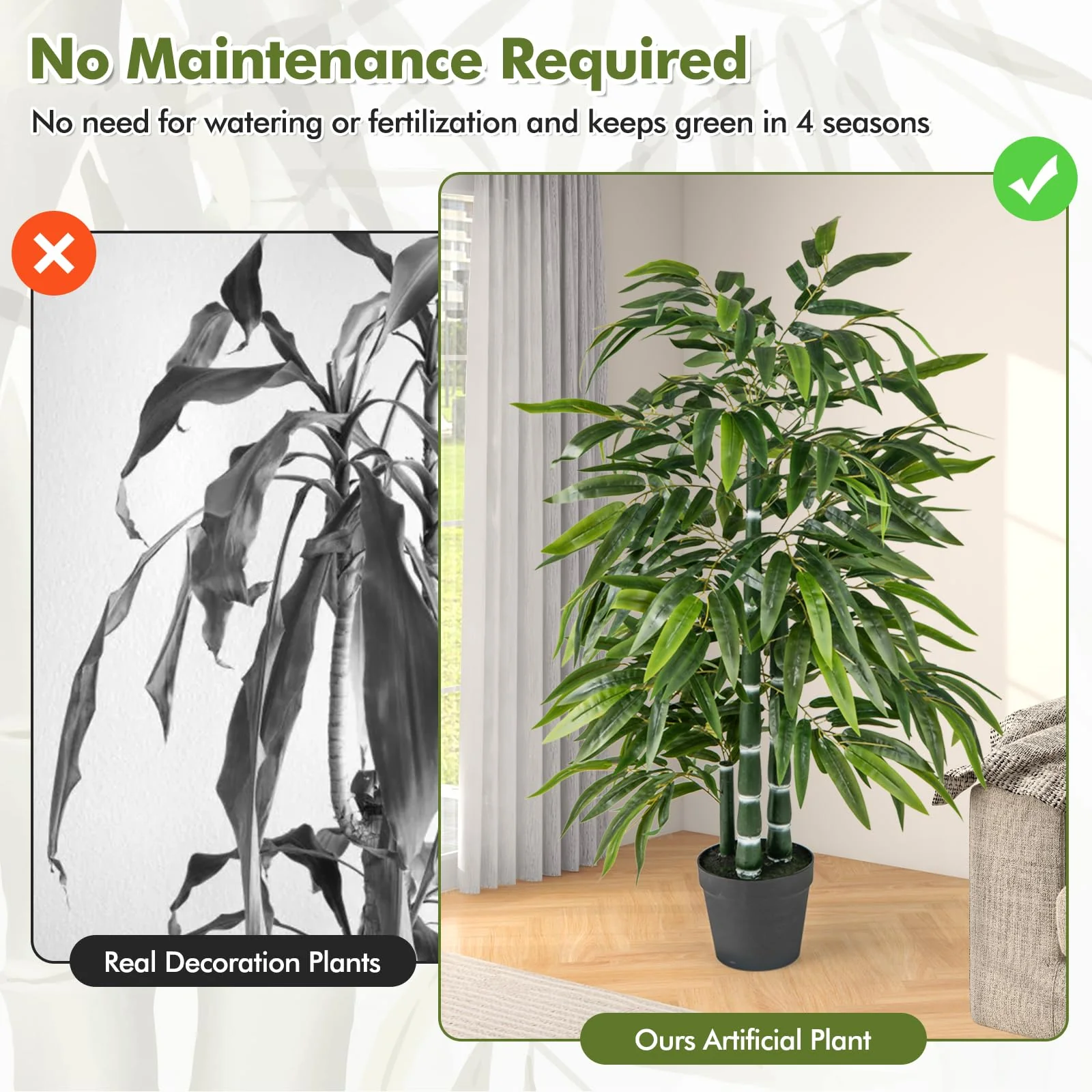 Goplus Artificial Bamboo Tree, 50" Tall Set of 2 Fake Bamboo Plant with 3 PE Bamboo Trunk & Flush Leaves - Image 5