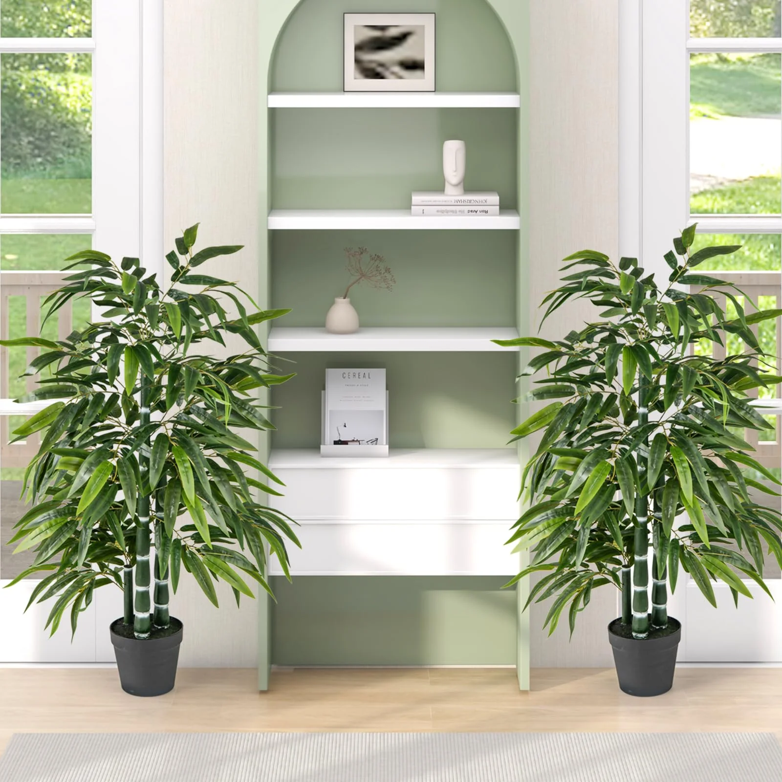 Goplus Artificial Bamboo Tree, 50" Tall Set of 2 Fake Bamboo Plant with 3 PE Bamboo Trunk & Flush Leaves - Image 6