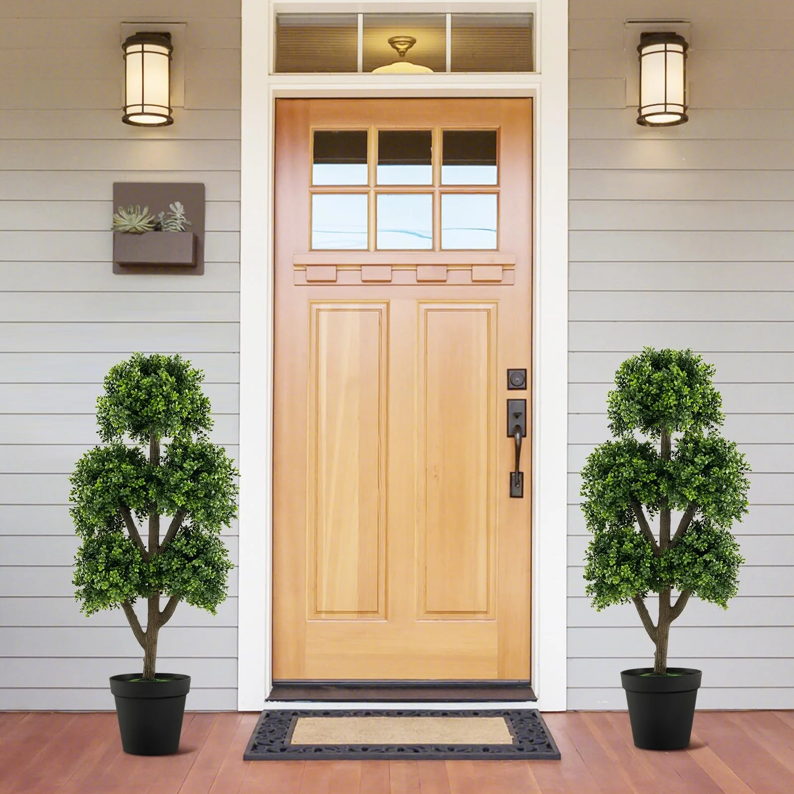 Goplus Artificial Boxwood Topiary Tree, 45” Tall Faux Potted Plants with 5 Ball-Shaped Topiaries, Cement Flowerpot - Image 2