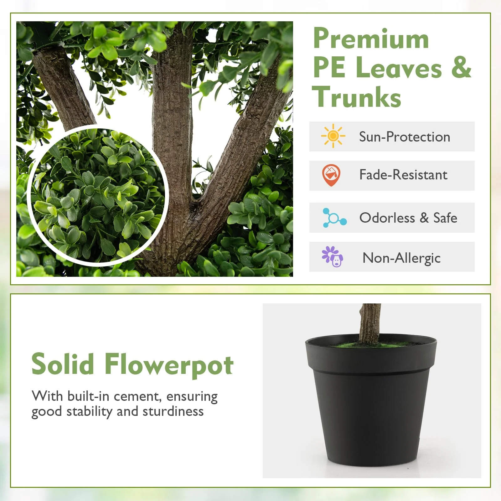 Goplus Artificial Boxwood Topiary Tree, 45” Tall Faux Potted Plants with 5 Ball-Shaped Topiaries, Cement Flowerpot - Image 3