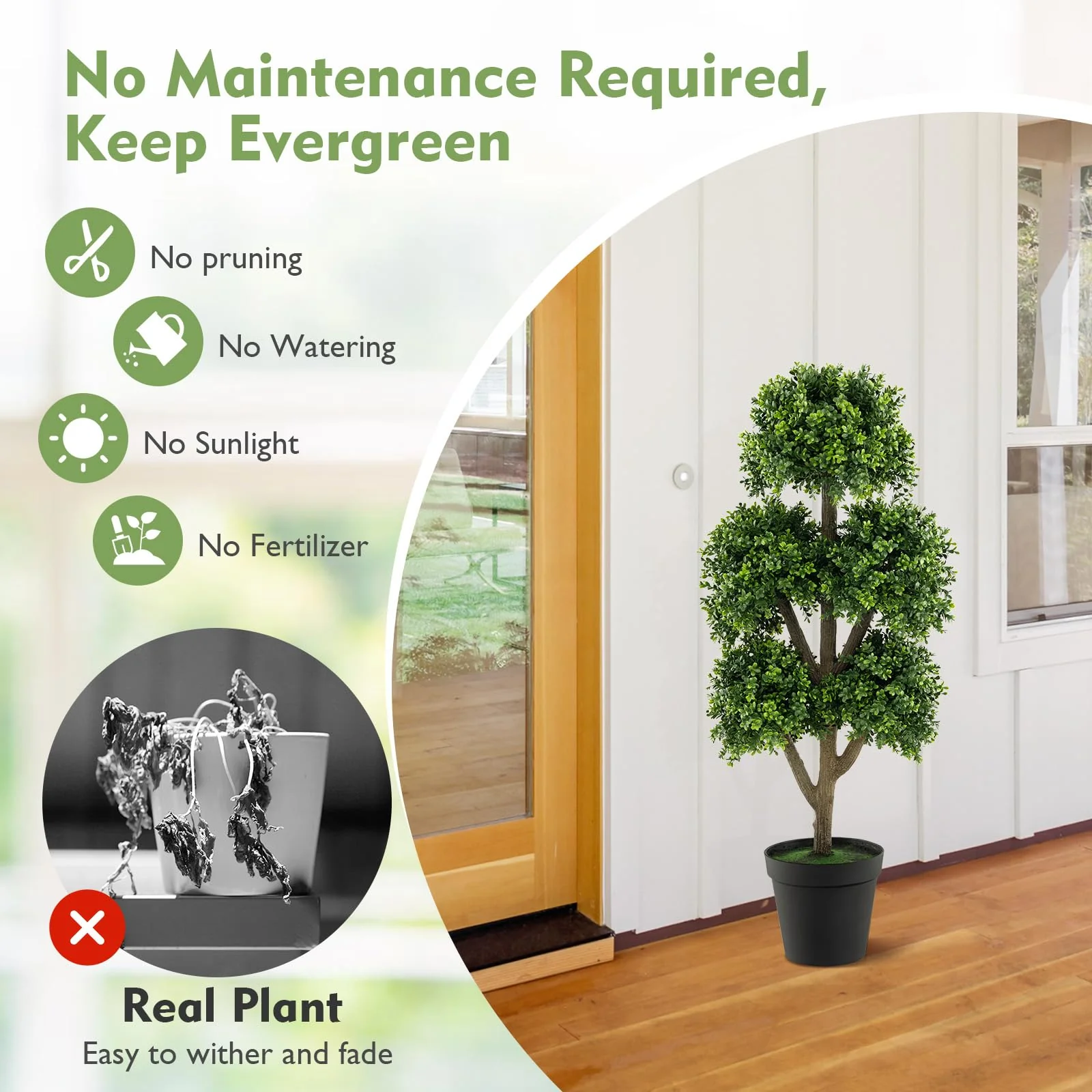 Goplus Artificial Boxwood Topiary Tree, 45” Tall Faux Potted Plants with 5 Ball-Shaped Topiaries, Cement Flowerpot - Image 5