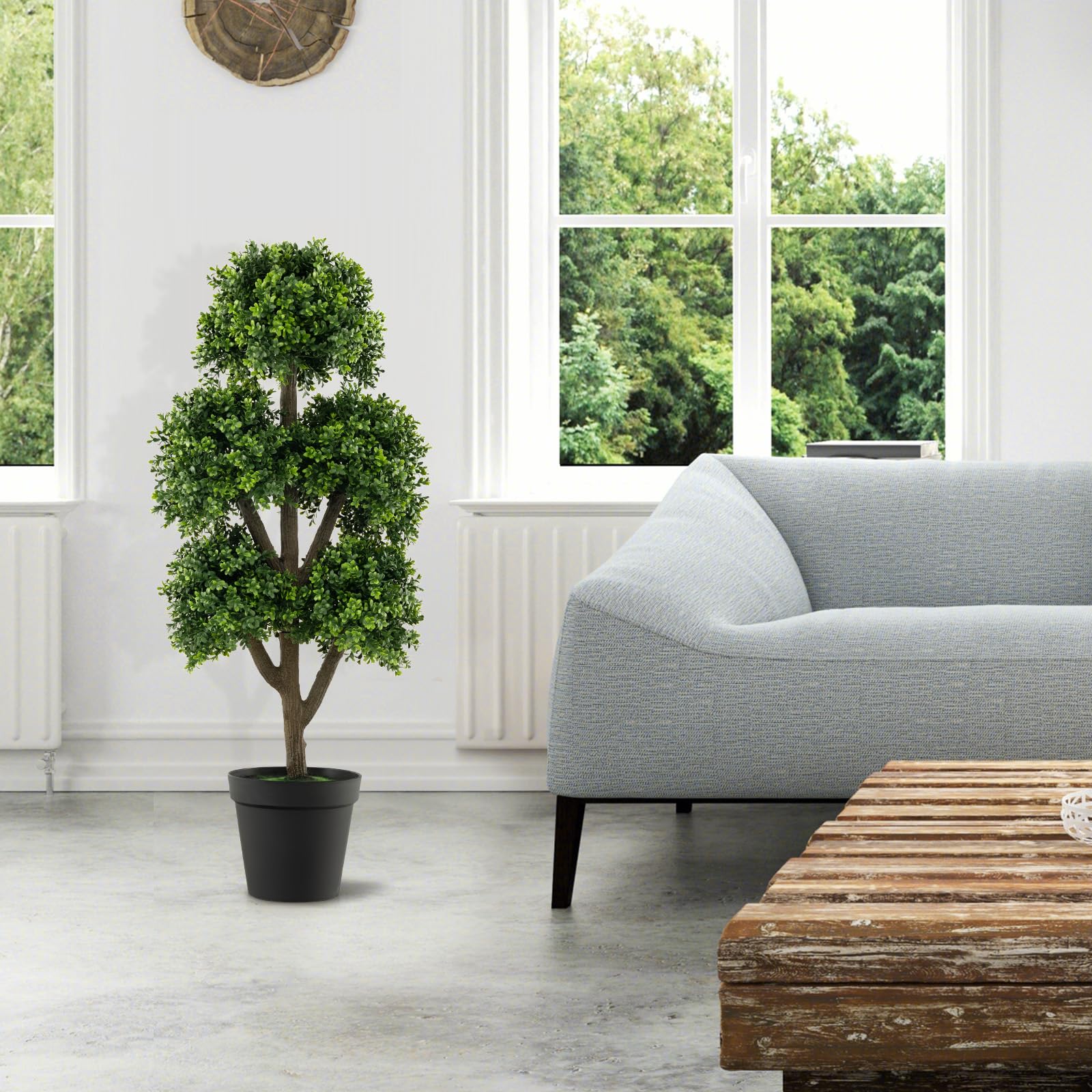 Goplus Artificial Boxwood Topiary Tree, 45” Tall Faux Potted Plants with 5 Ball-Shaped Topiaries, Cement Flowerpot - Image 6