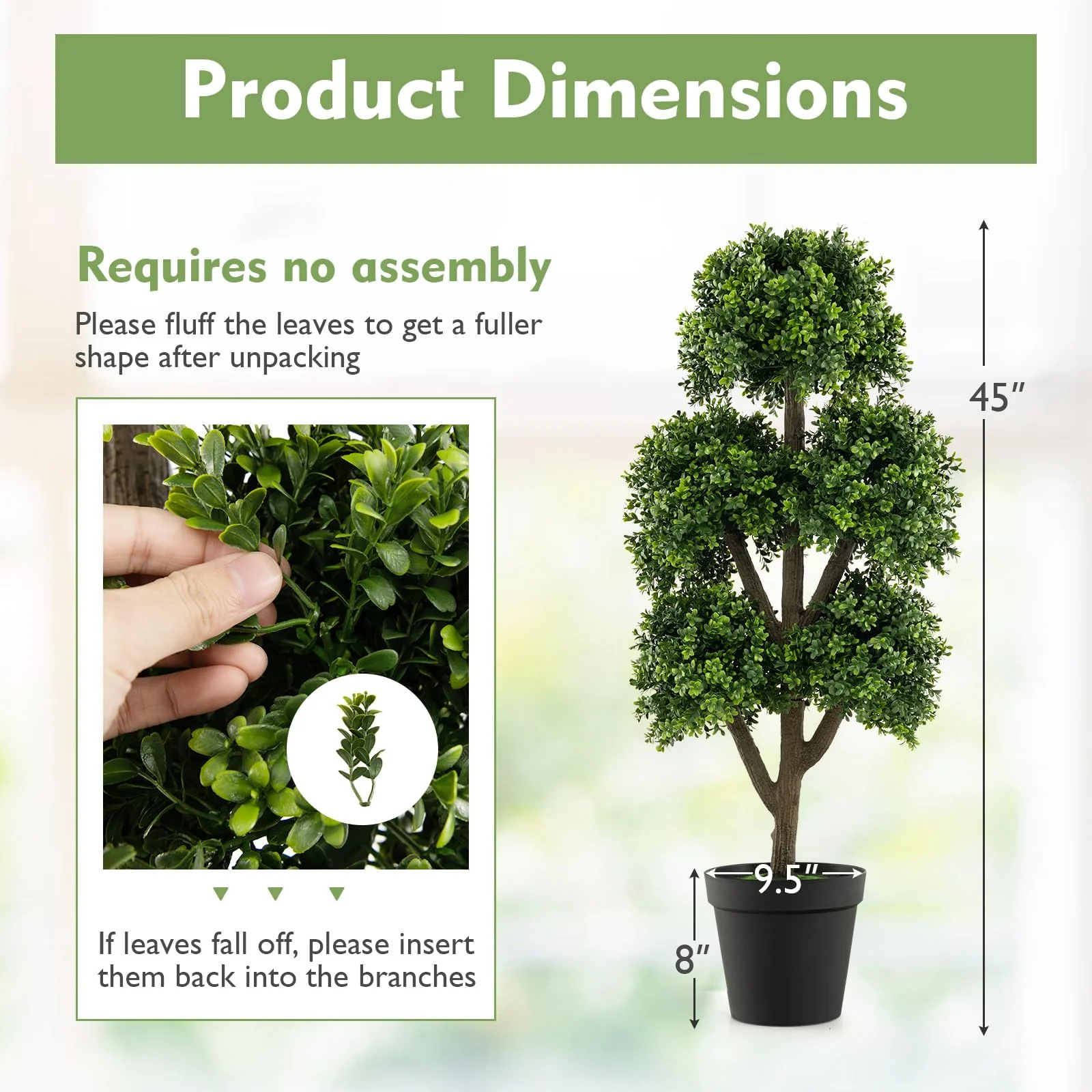 Goplus Artificial Boxwood Topiary Tree, 45” Tall Faux Potted Plants with 5 Ball-Shaped Topiaries, Cement Flowerpot - Image 7