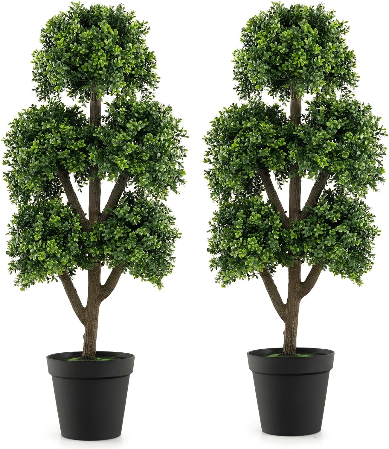 Goplus Artificial Boxwood Topiary Tree, 45” Tall Faux Potted Plants with 5 Ball-Shaped Topiaries, Cement Flowerpot - Image 8