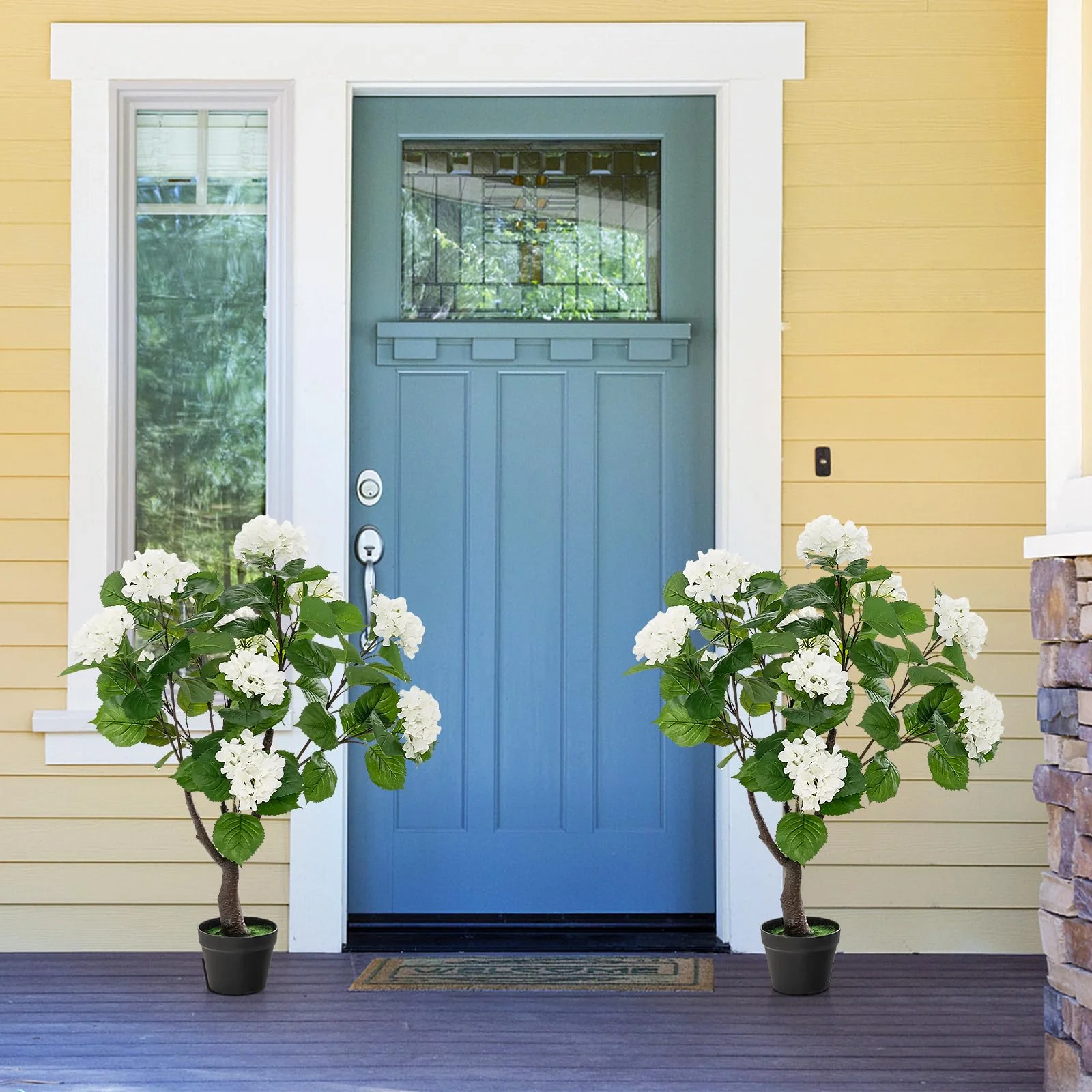 Goplus Artificial Hydrangea Tree, 2 Pack Fake Floral Plant w/11 White Flowers & Realistic Trunk in Plastic Nursery Pot - Image 2