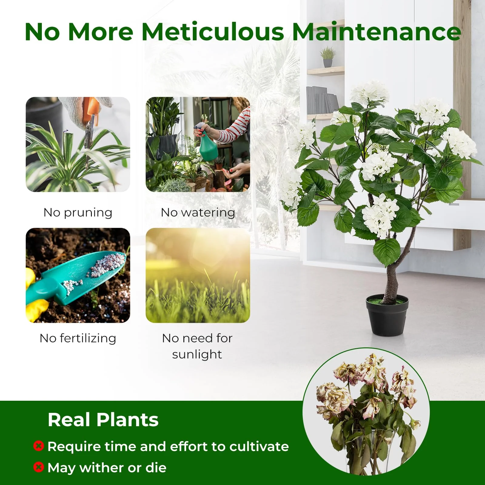 Goplus Artificial Hydrangea Tree, 2 Pack Fake Floral Plant w/11 White Flowers & Realistic Trunk in Plastic Nursery Pot - Image 3