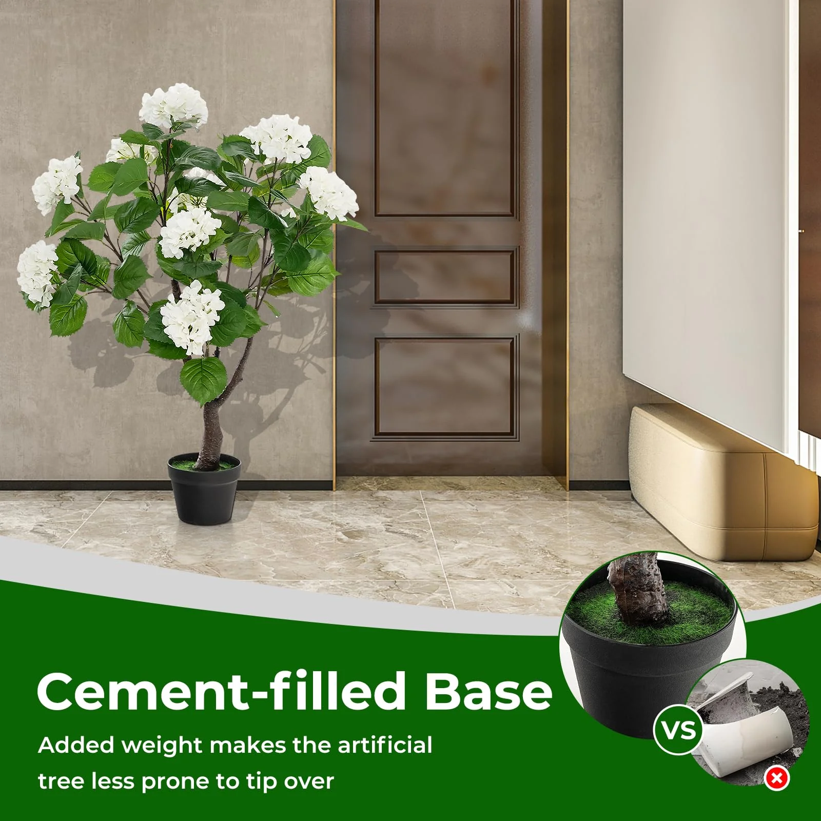 Goplus Artificial Hydrangea Tree, 2 Pack Fake Floral Plant w/11 White Flowers & Realistic Trunk in Plastic Nursery Pot - Image 4