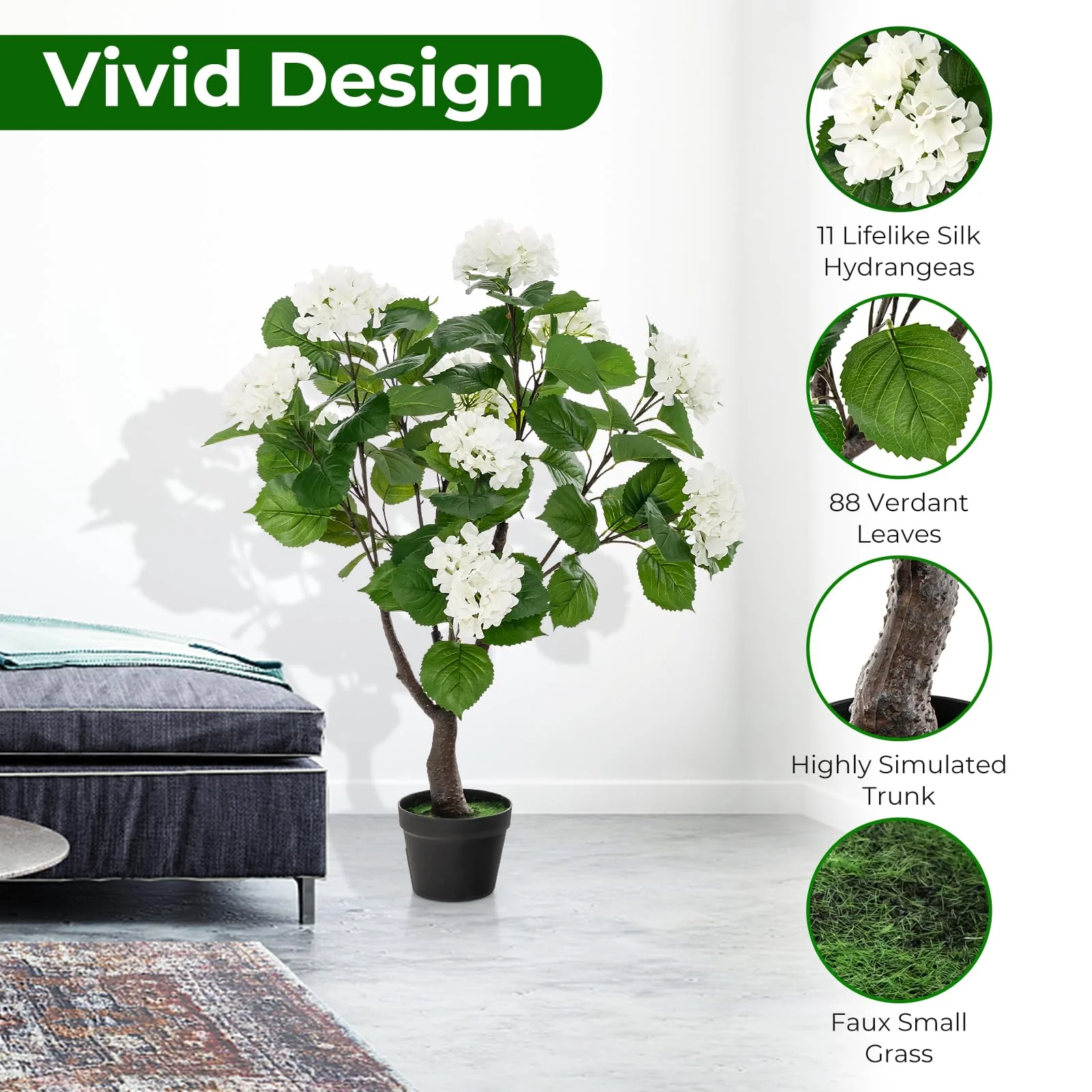 Goplus Artificial Hydrangea Tree, 2 Pack Fake Floral Plant w/11 White Flowers & Realistic Trunk in Plastic Nursery Pot - Image 5