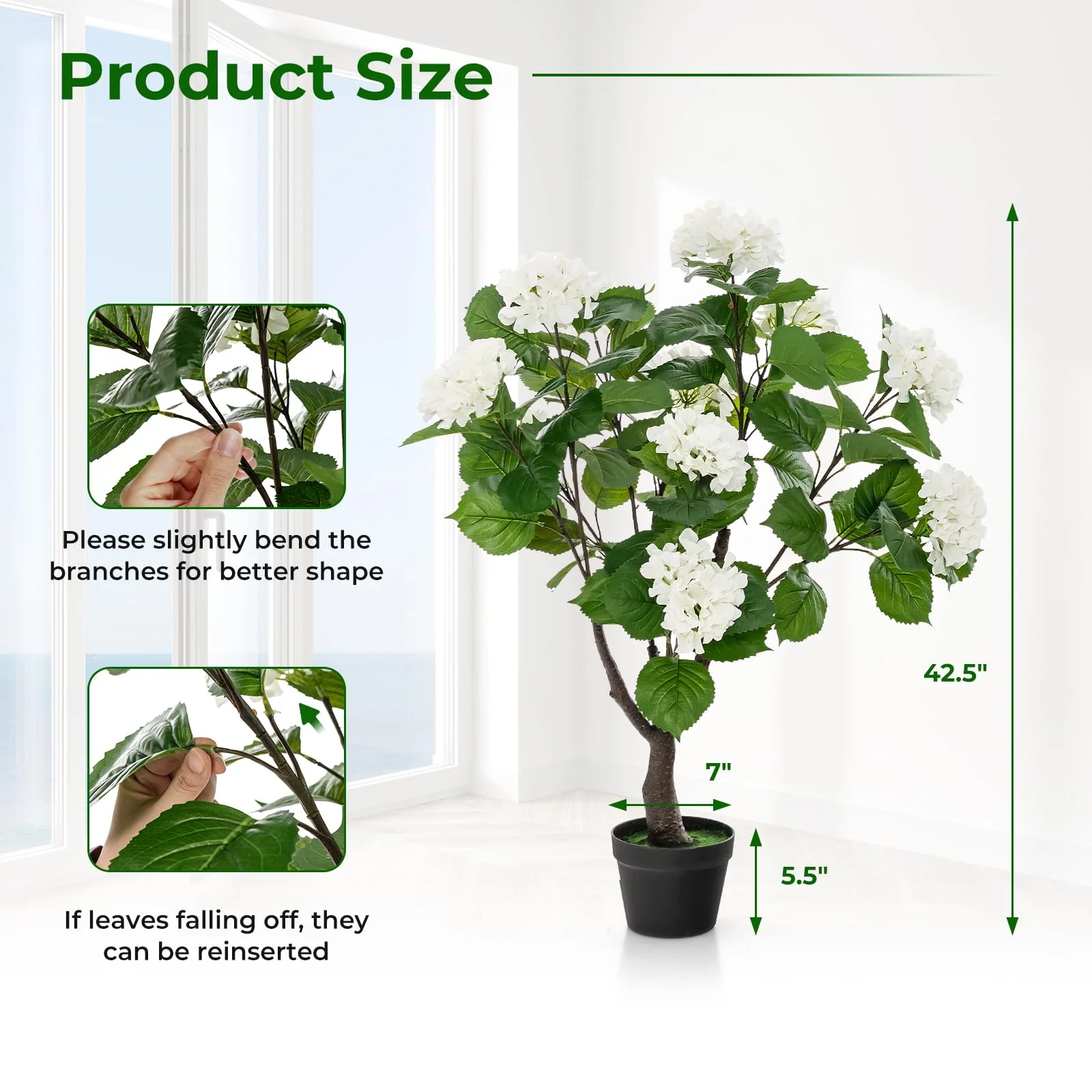 Goplus Artificial Hydrangea Tree, 2 Pack Fake Floral Plant w/11 White Flowers & Realistic Trunk in Plastic Nursery Pot - Image 7