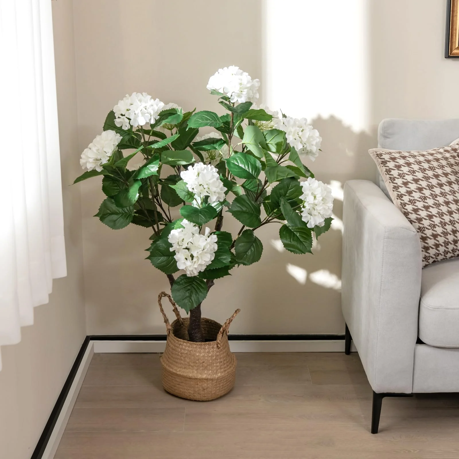 Goplus Artificial Hydrangea Tree, 2 Pack Fake Floral Plant w/11 White Flowers & Realistic Trunk in Plastic Nursery Pot - Image 8