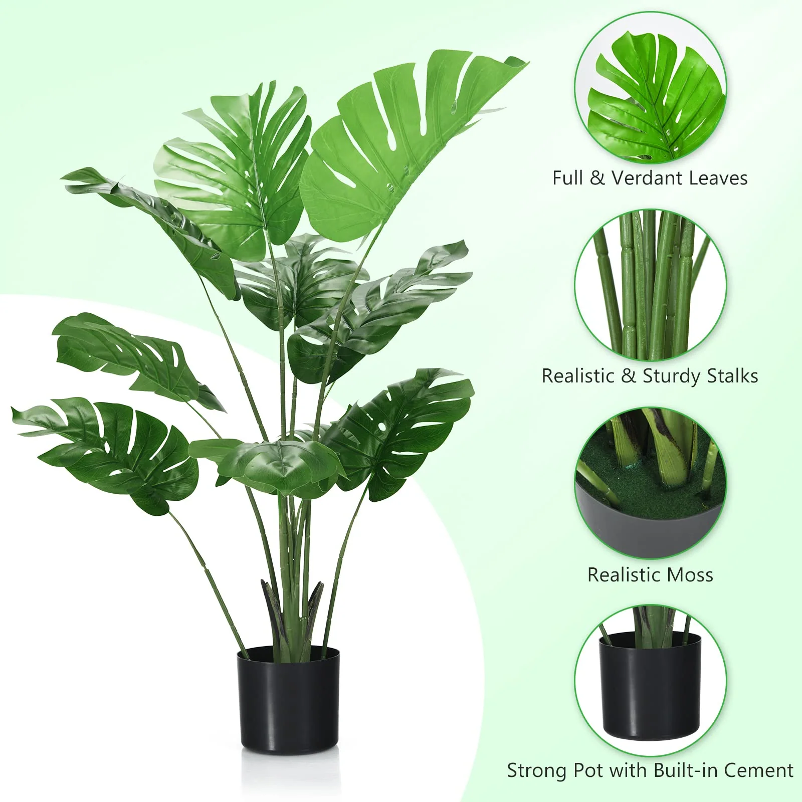 Goplus Artificial Monstera Deliciosa Plant, 4ft Tall Fake Tropical Palm Tree w/10 Pcs Different Turtle Leaves - Image 3