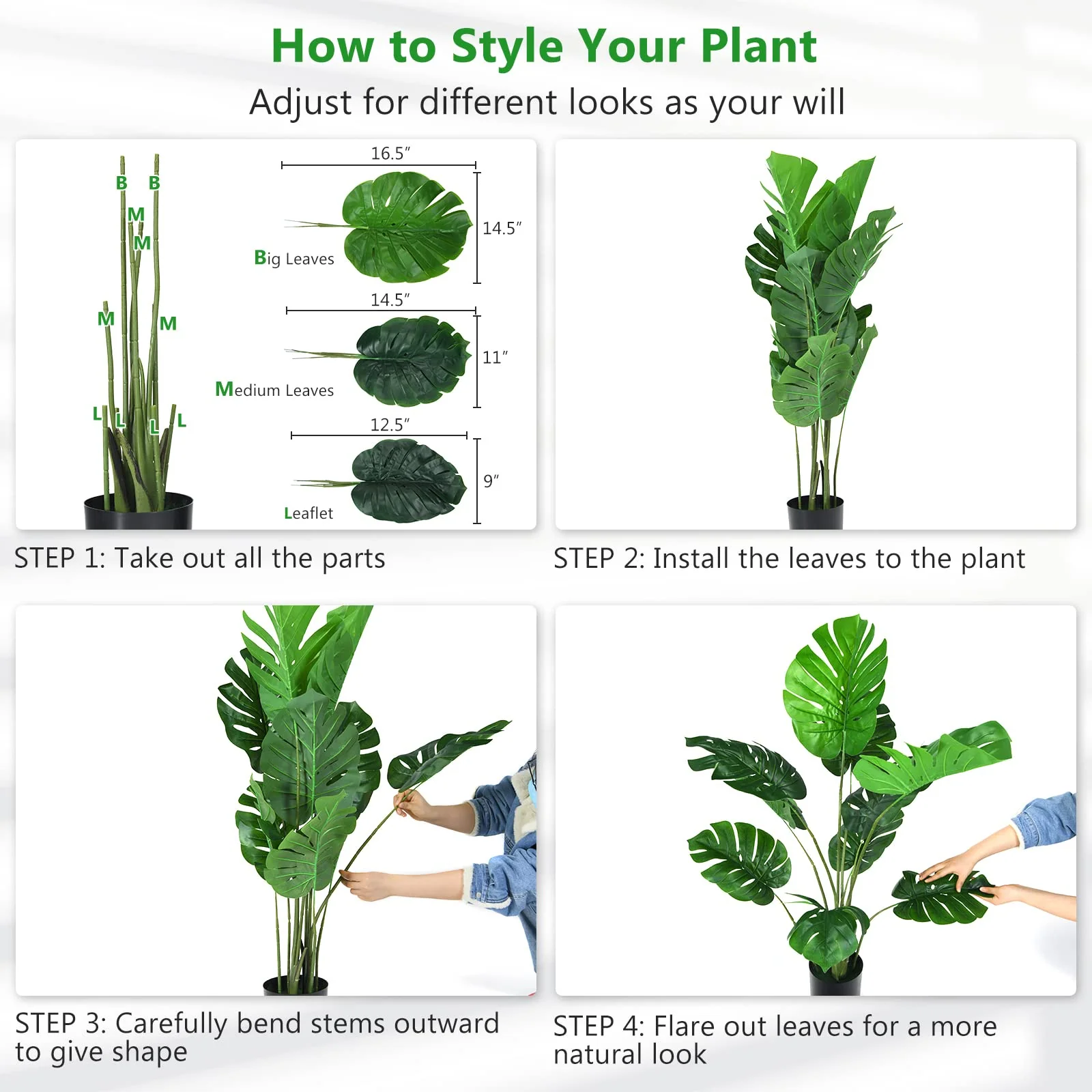 Goplus Artificial Monstera Deliciosa Plant, 4ft Tall Fake Tropical Palm Tree w/10 Pcs Different Turtle Leaves - Image 6