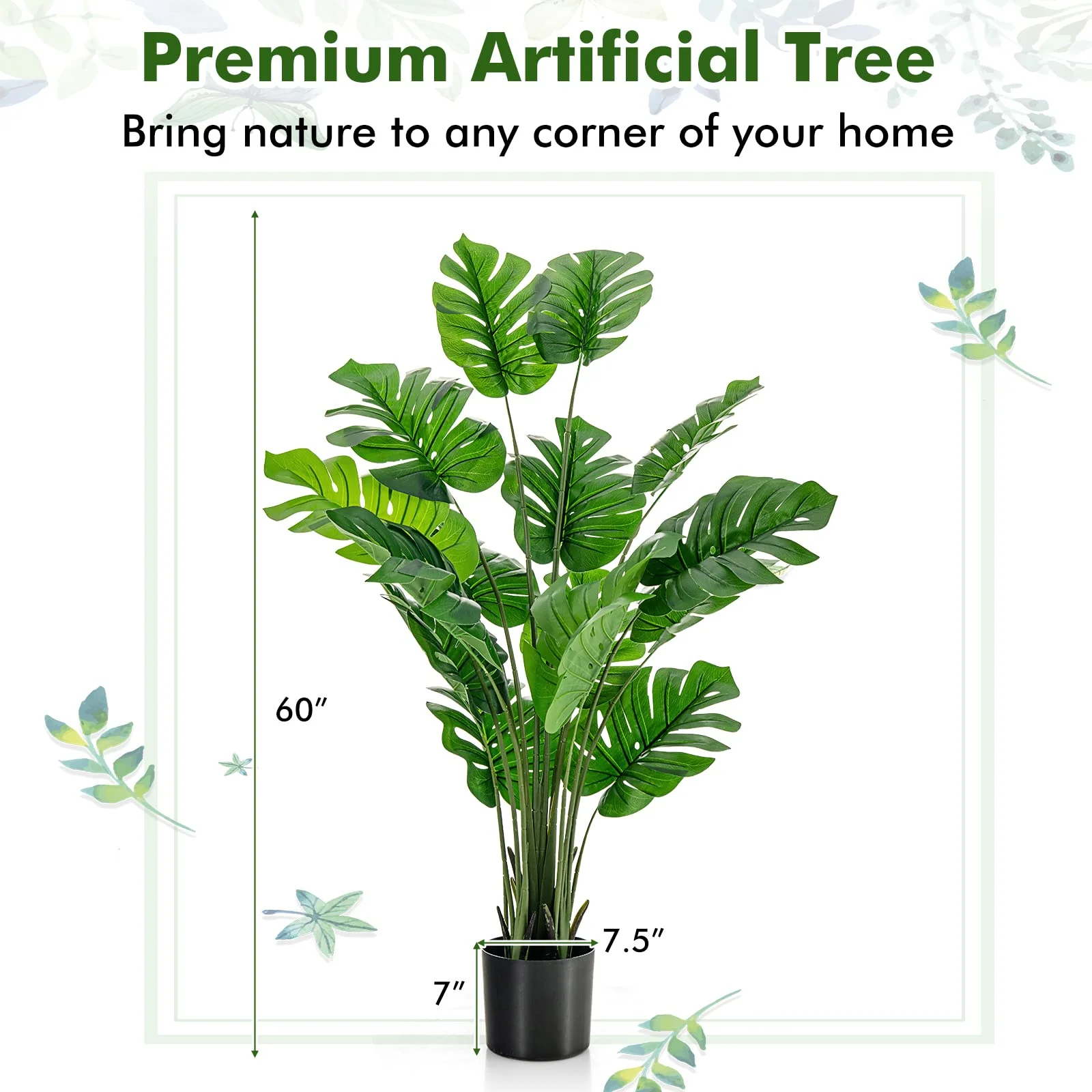 Goplus Artificial Monstera Deliciosa Plant, 5ft Tall Fake Tropical Palm Tree w/15 Pcs Different Turtle Leaves - Image 8