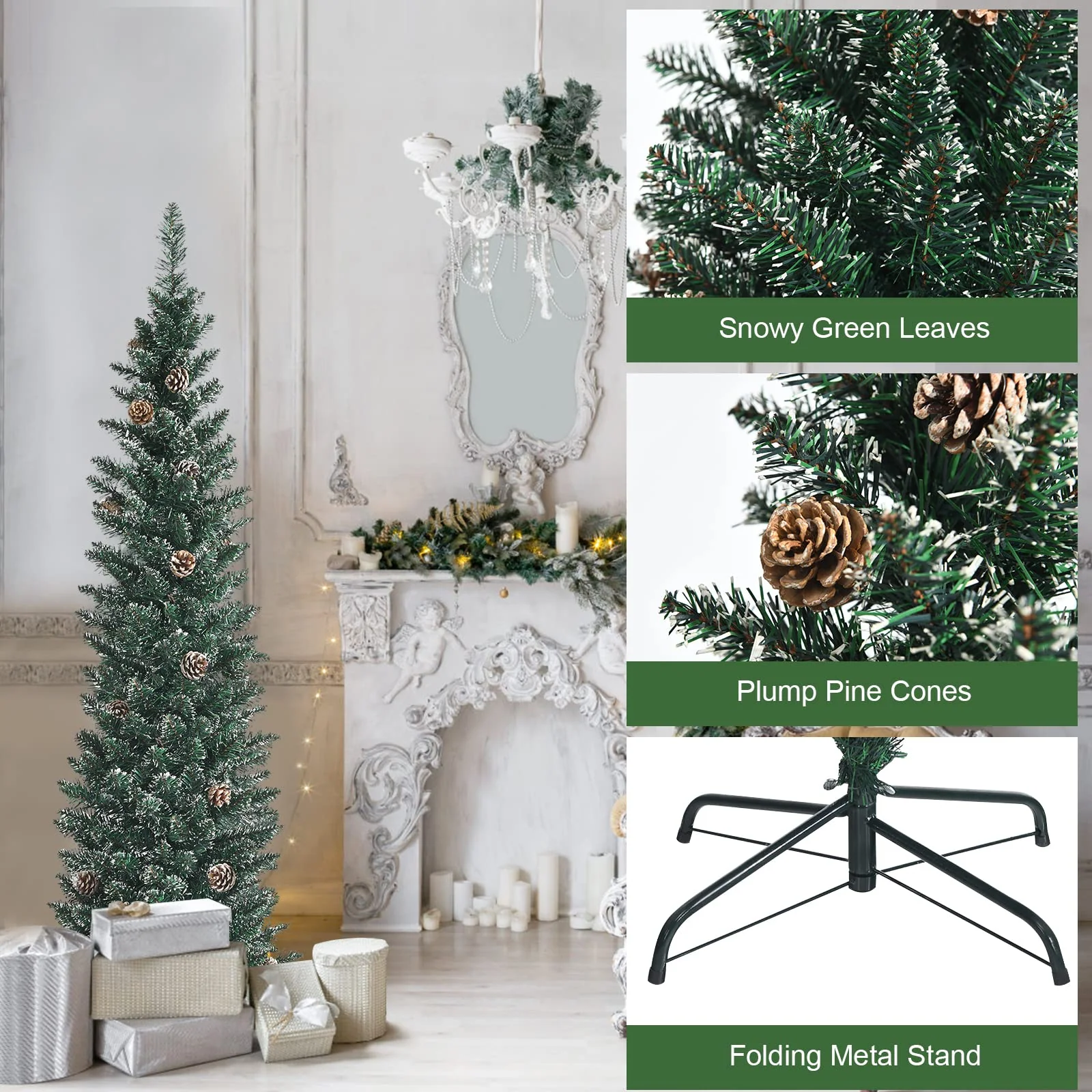 Goplus Artificial Pencil Christmas Tree, Snow Flocked Slim Xmas Tree - Image 4
