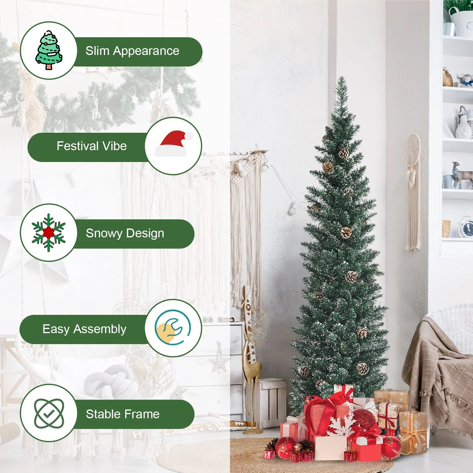 Goplus Artificial Pencil Christmas Tree, Snow Flocked Slim Xmas Tree - Image 5