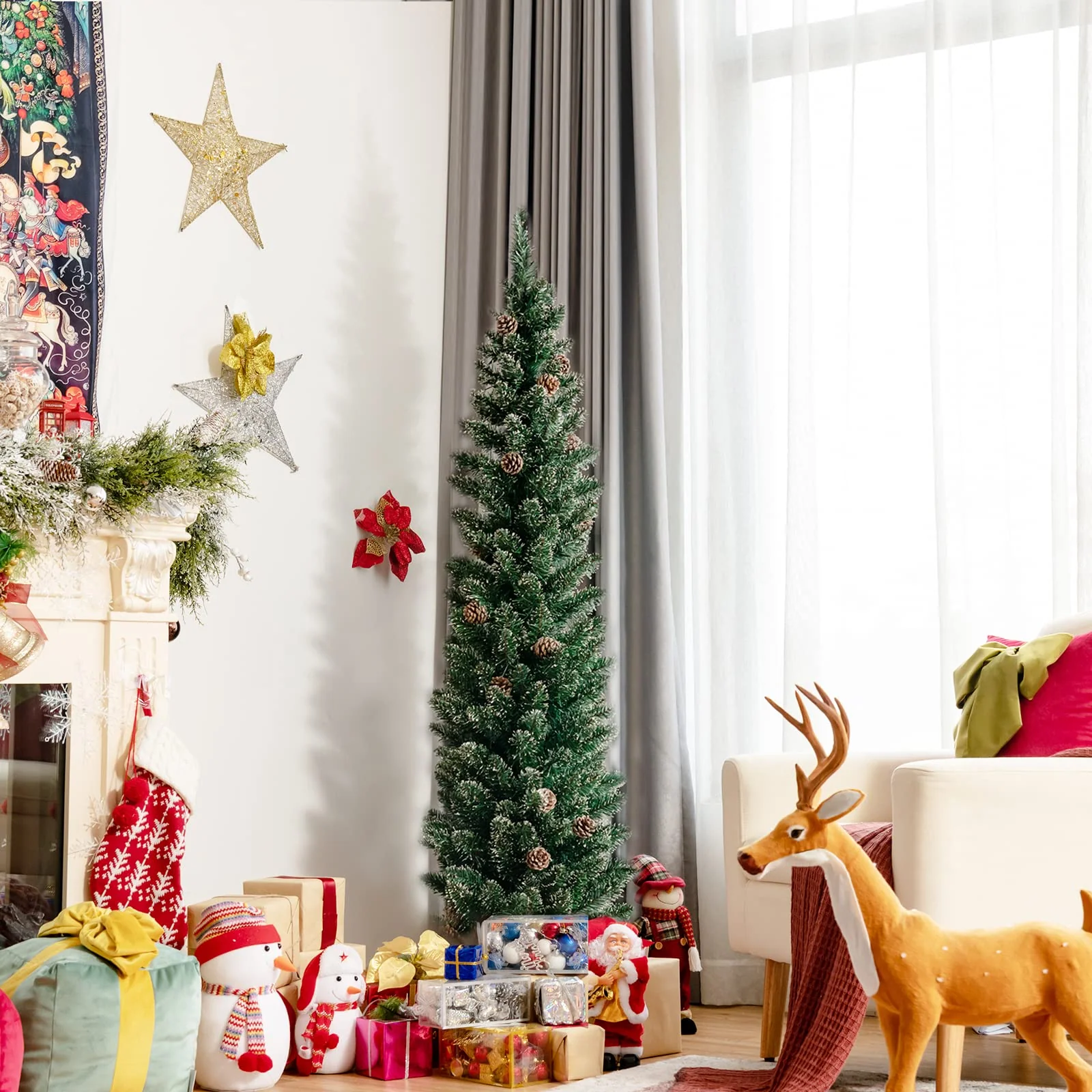 Goplus Artificial Pencil Christmas Tree, Snow Flocked Slim Xmas Tree - Image 8