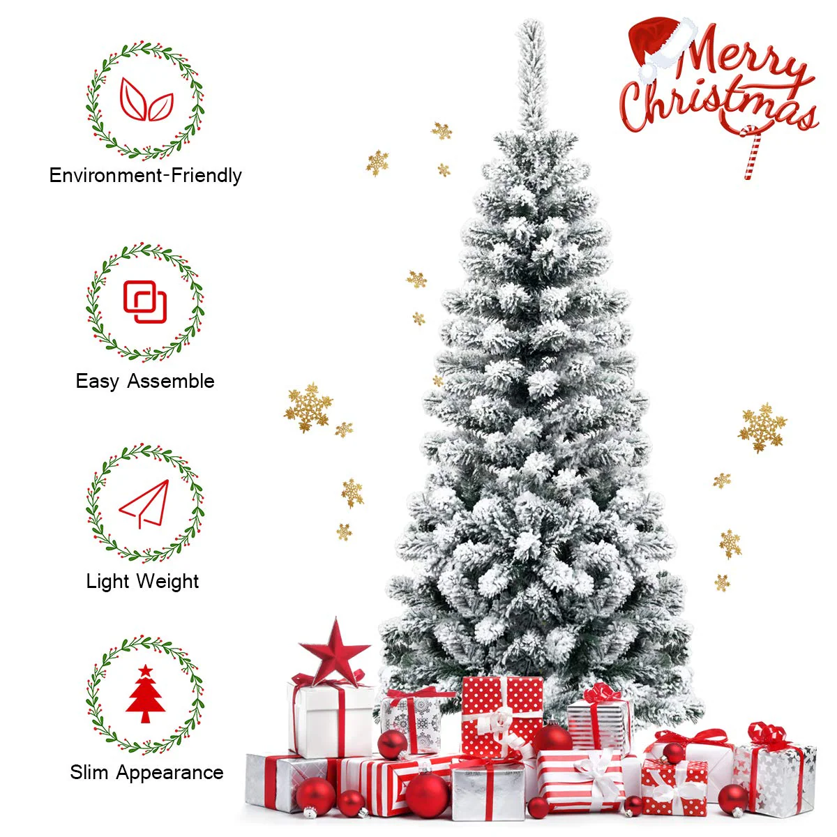 Goplus Artificial Snow Flocked Christmas Tree, Slim Xmas Snowy Tree for Indoor and Outdoor Use - Image 4