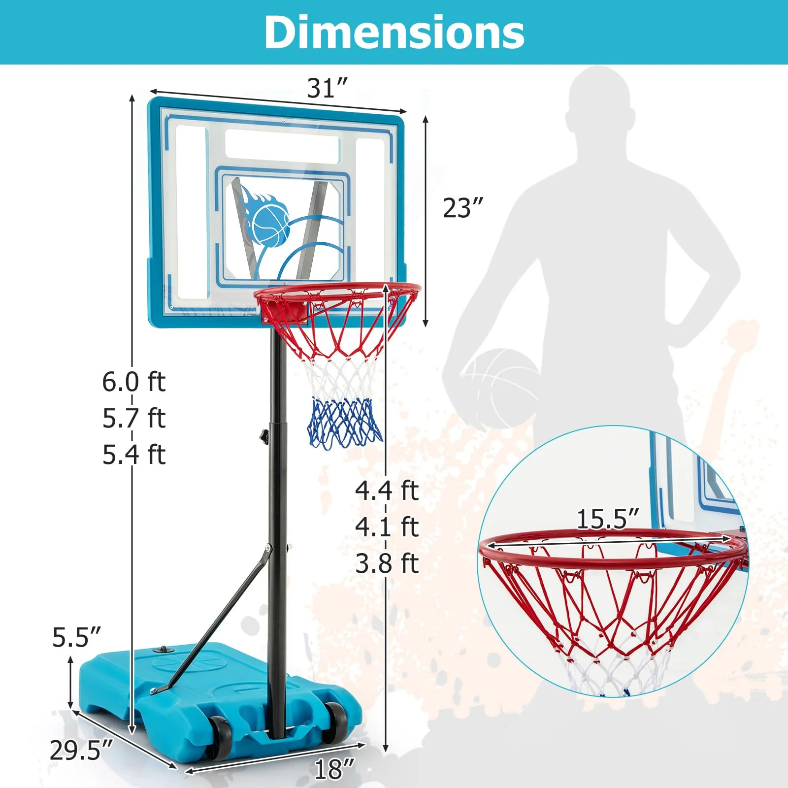 Goplus Basketball Hoop Outdoor, 3.8-4.4FT Height Adjustable Poolside Basketball Goal System - Image 7