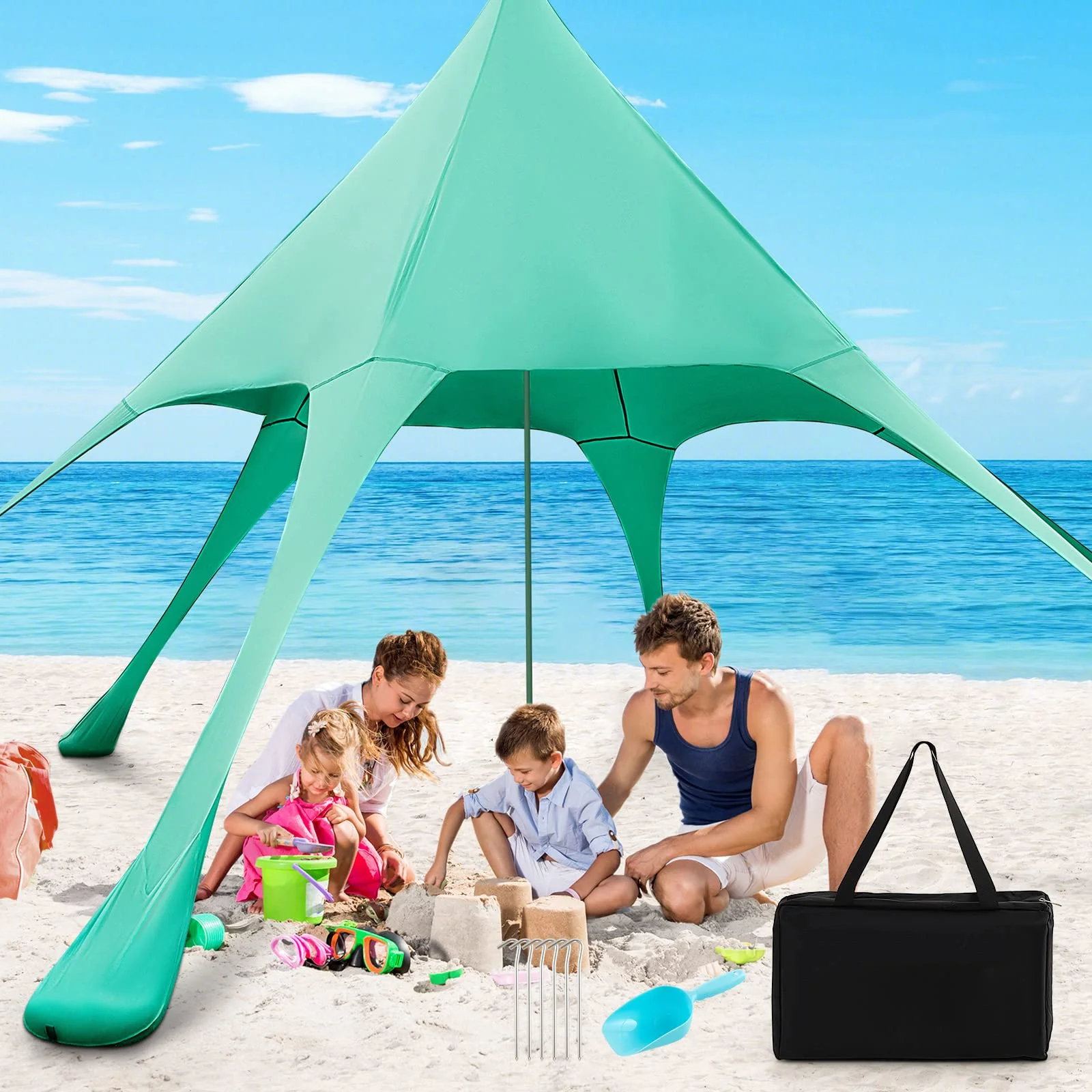 Goplus Beach Canopy, 20 x 20 FT Beach Shade with UPF50+ Sun Protection, Carrying Bag, Sand Shovel, Aluminum Pole, 6 Ground Stake - Image 10