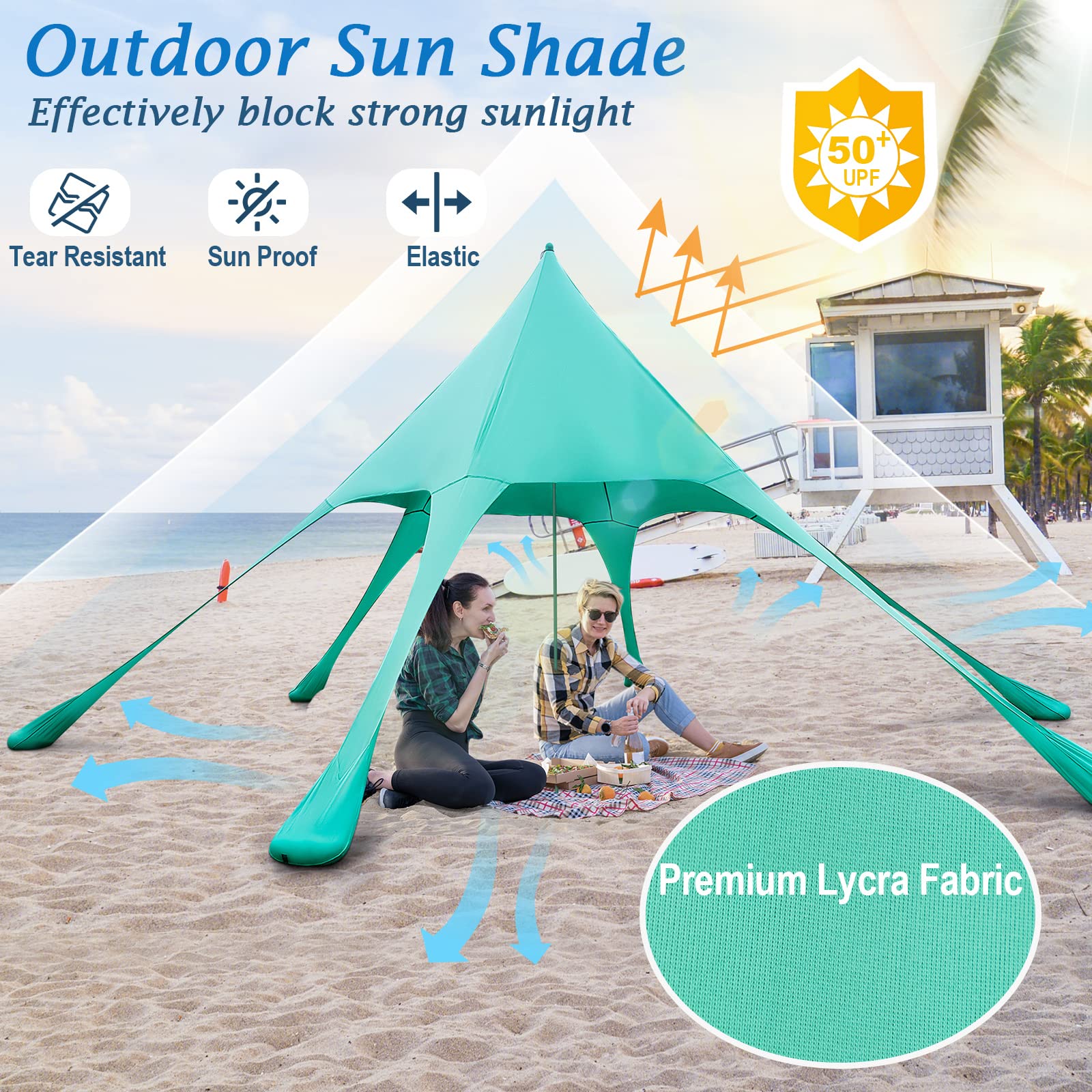 Goplus Beach Canopy, 20 x 20 FT Beach Shade with UPF50+ Sun Protection, Carrying Bag, Sand Shovel, Aluminum Pole, 6 Ground Stake - Image 11