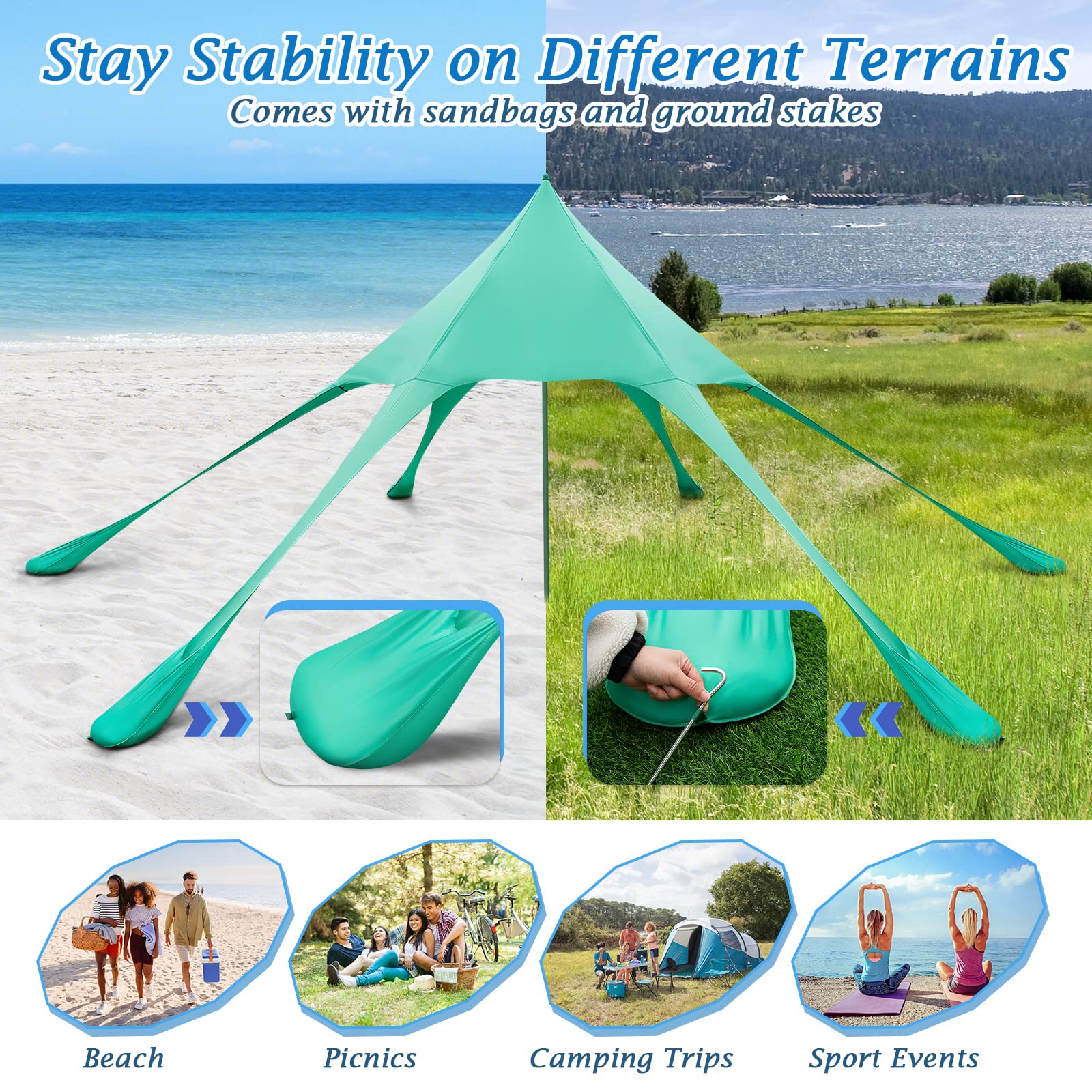 Goplus Beach Canopy, 20 x 20 FT Beach Shade with UPF50+ Sun Protection, Carrying Bag, Sand Shovel, Aluminum Pole, 6 Ground Stake - Image 12