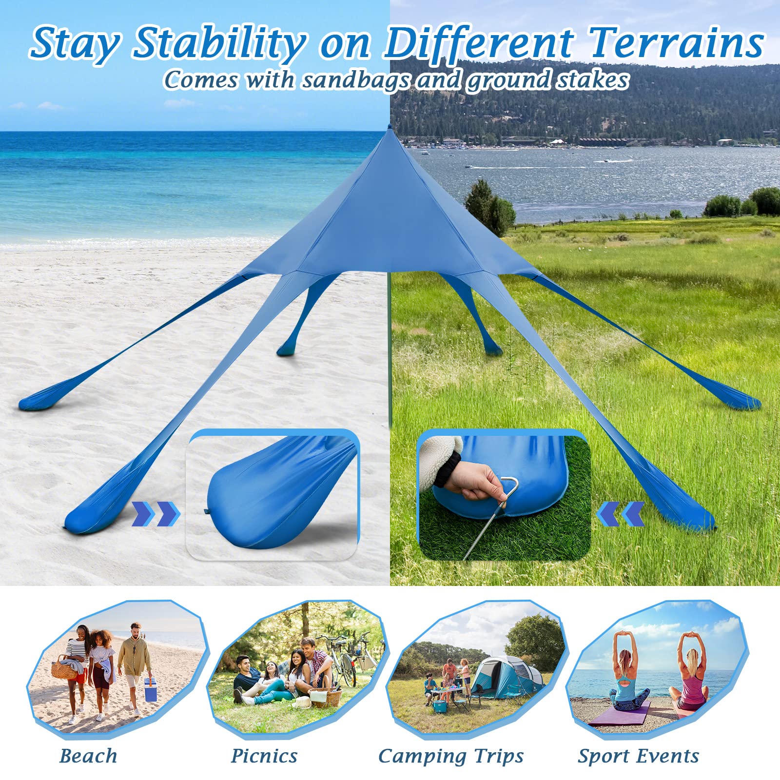Goplus Beach Canopy, 20 x 20 FT Beach Shade with UPF50+ Sun Protection, Carrying Bag, Sand Shovel, Aluminum Pole, 6 Ground Stake - Image 3